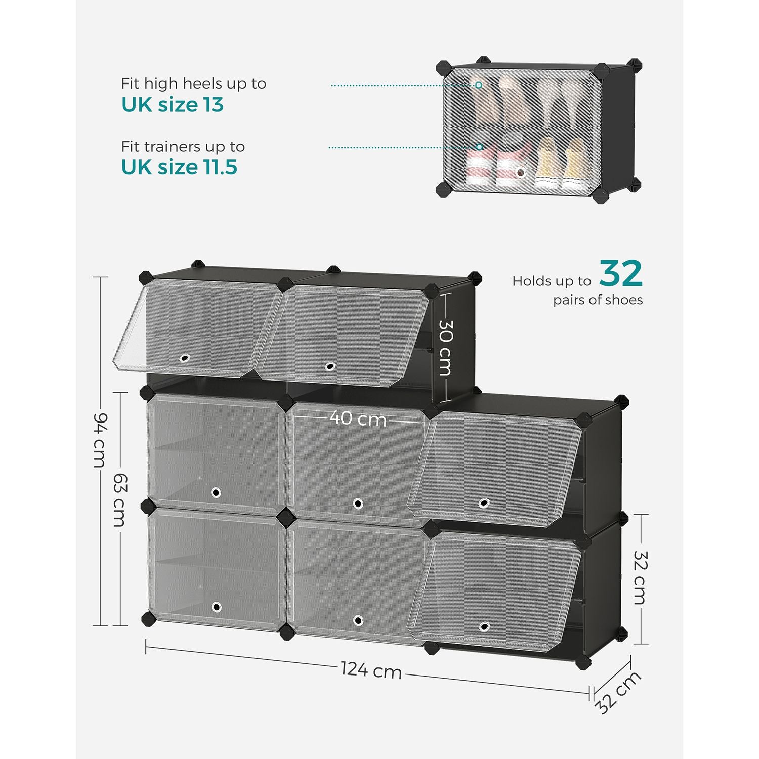 Modular Shoe Storage Cabinet - 8-Slot with Doors - Plastic - Black