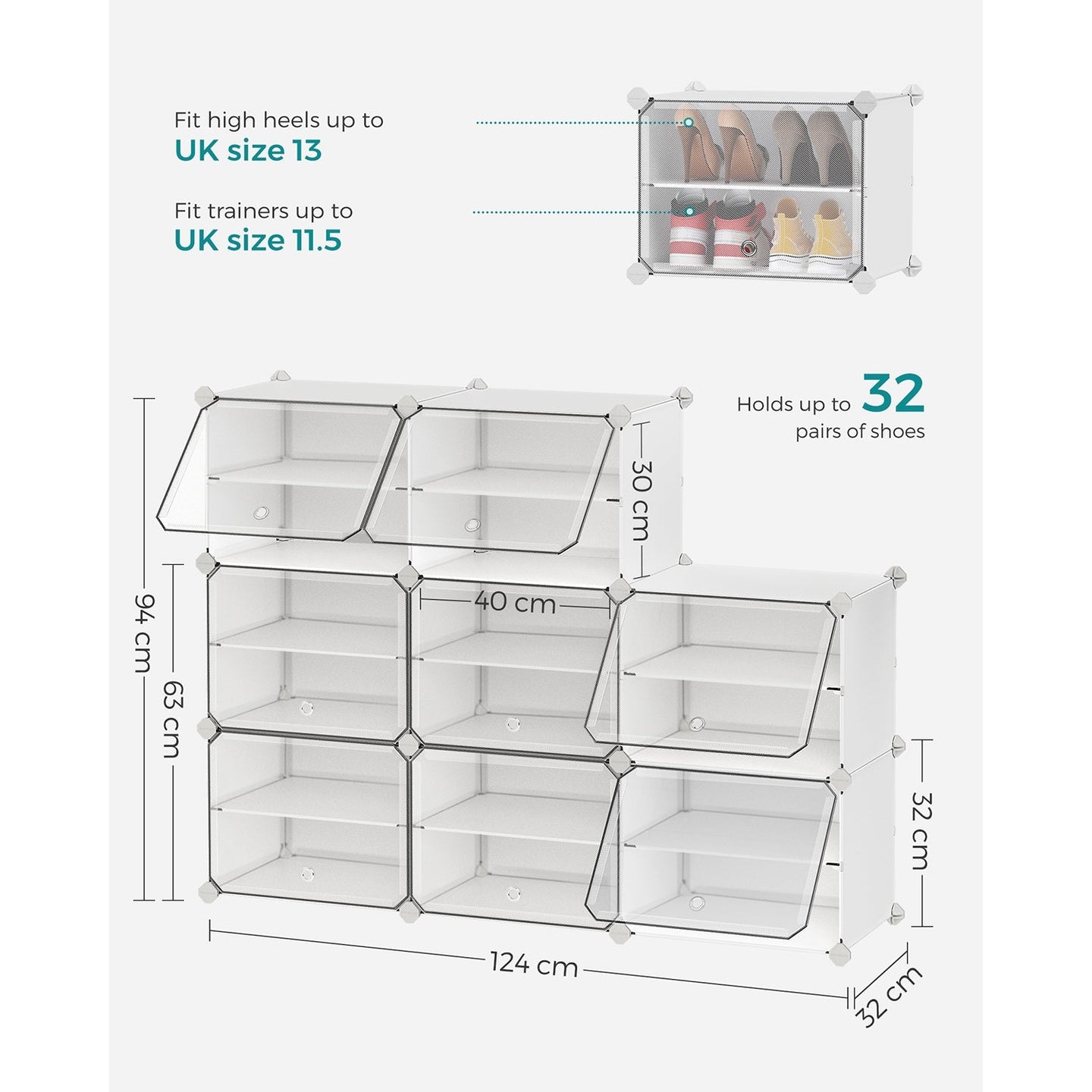 Modular Shoe Storage Cabinet - Plastic - White - 8-Slot Design with Doors