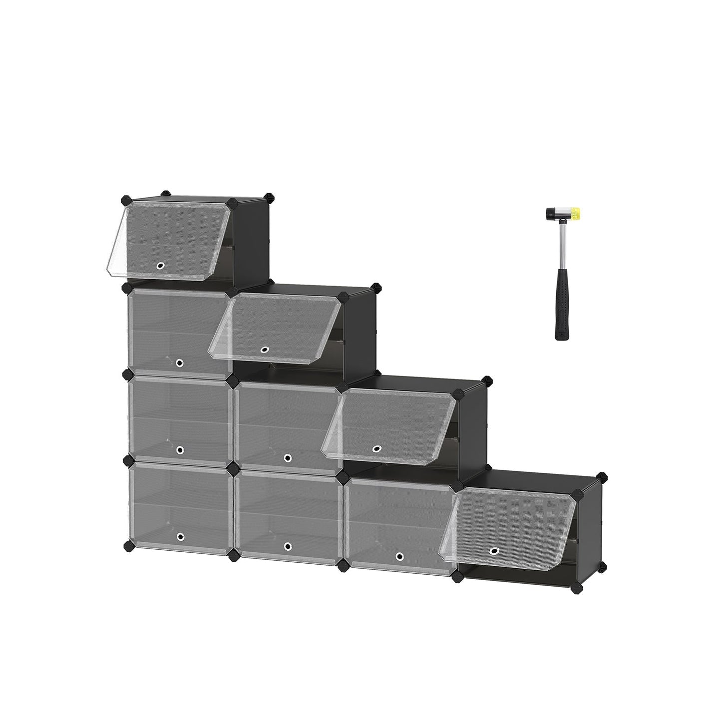 Modular Shoe Rack - Plastic - Black - 10-Slot Interlocking Design with Doors