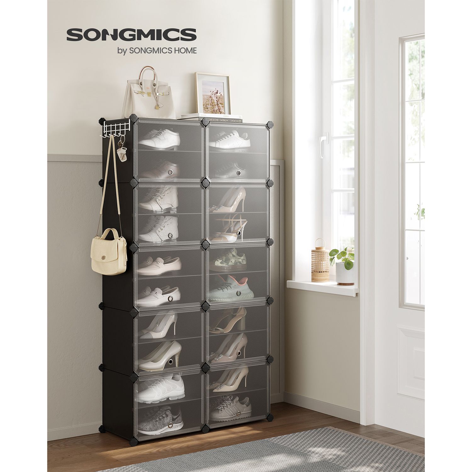 Modular Shoe Rack - Plastic - Black - 10-Slot Interlocking Design with Doors