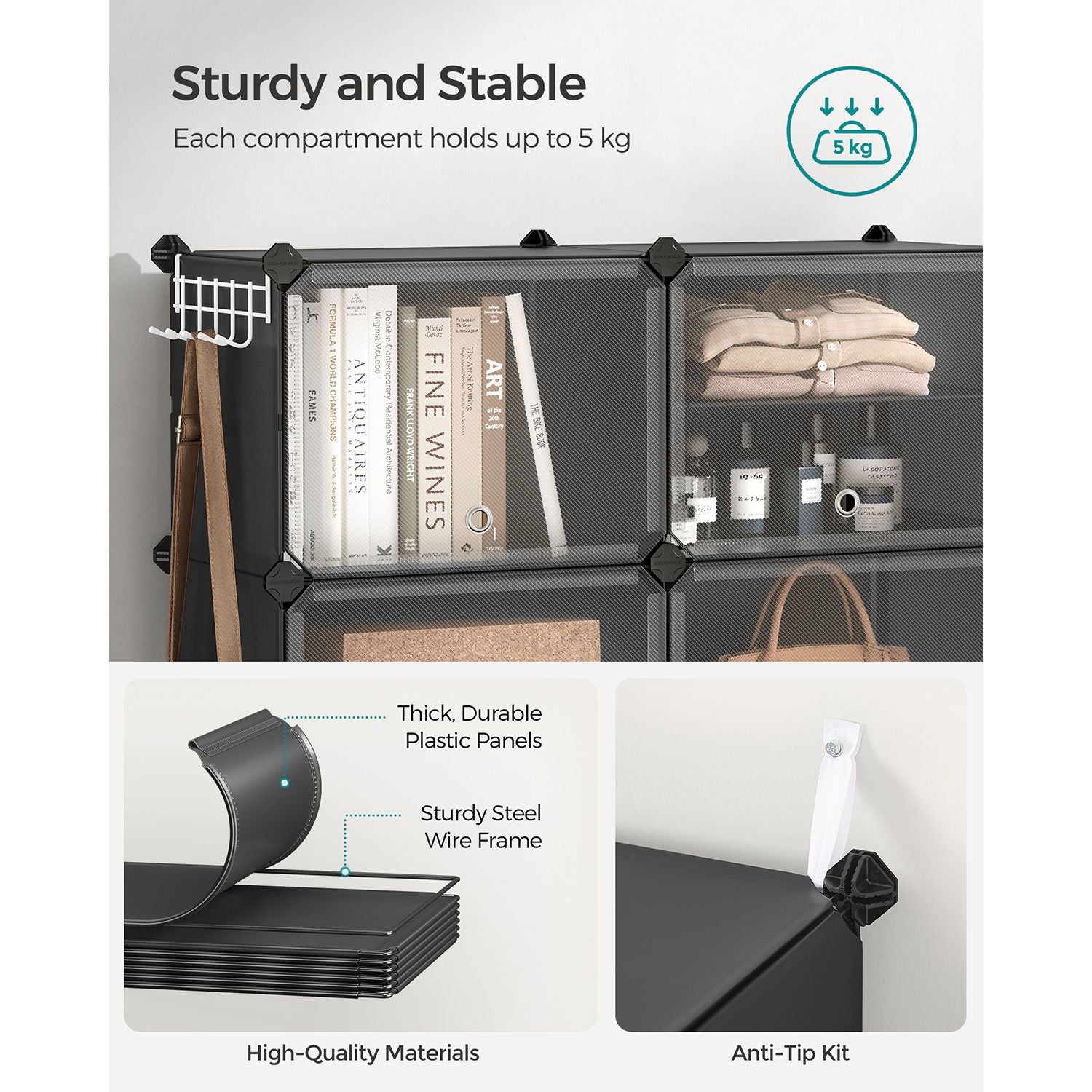Modular Shoe Rack - Plastic - Black - 10-Slot Interlocking Design with Doors