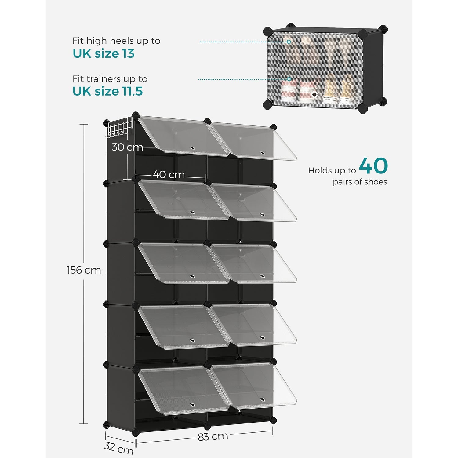 Modular Shoe Rack - Plastic - Black - 10-Slot Interlocking Design with Doors