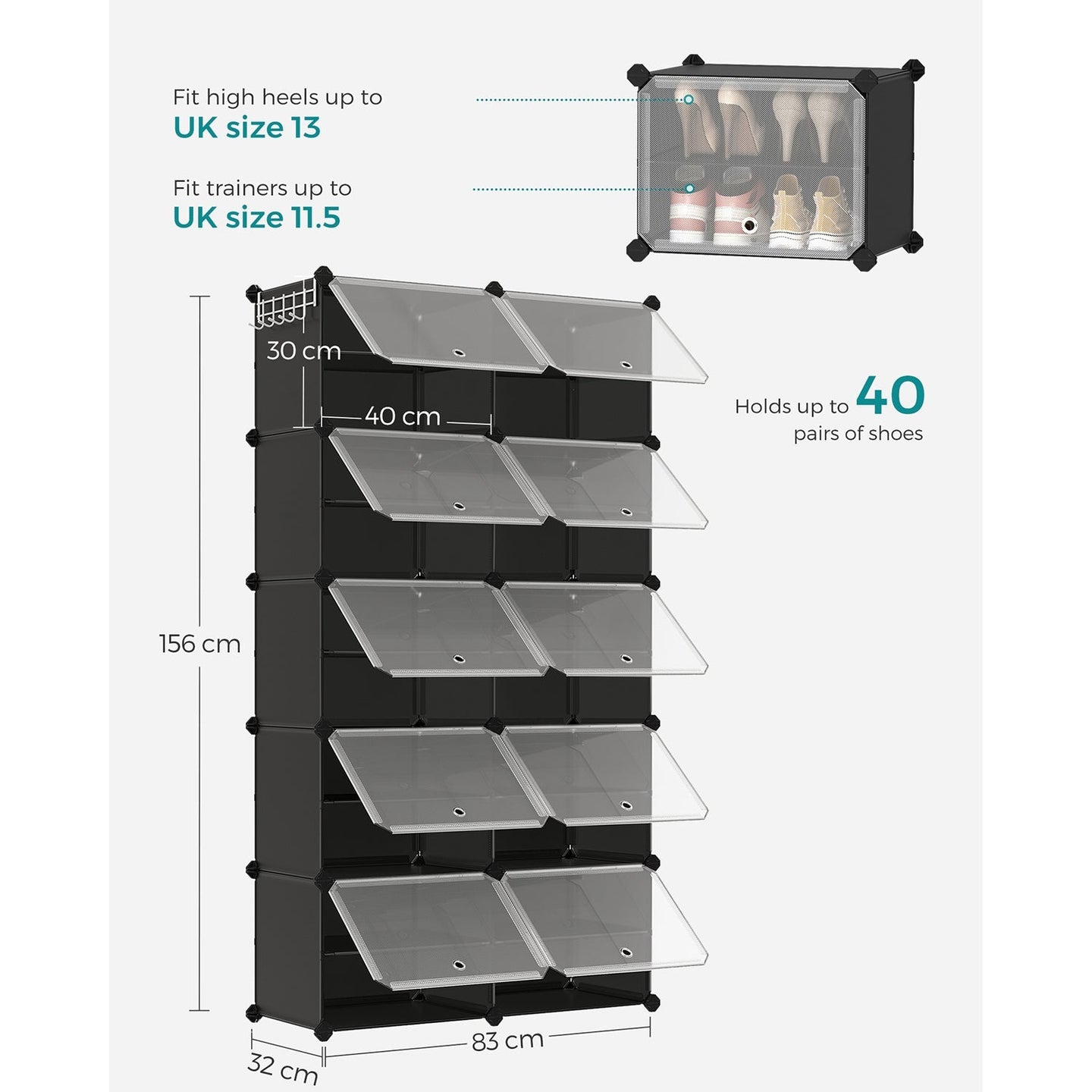 Modular Shoe Rack - Plastic - Black - 10-Slot Interlocking Design with Doors