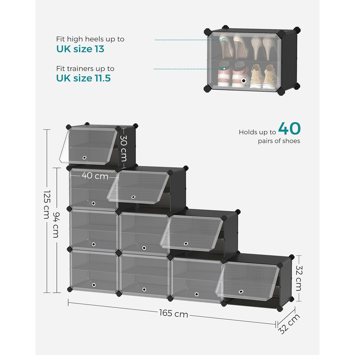 Modular Shoe Rack - Plastic - Black - 10-Slot Interlocking Design with Doors