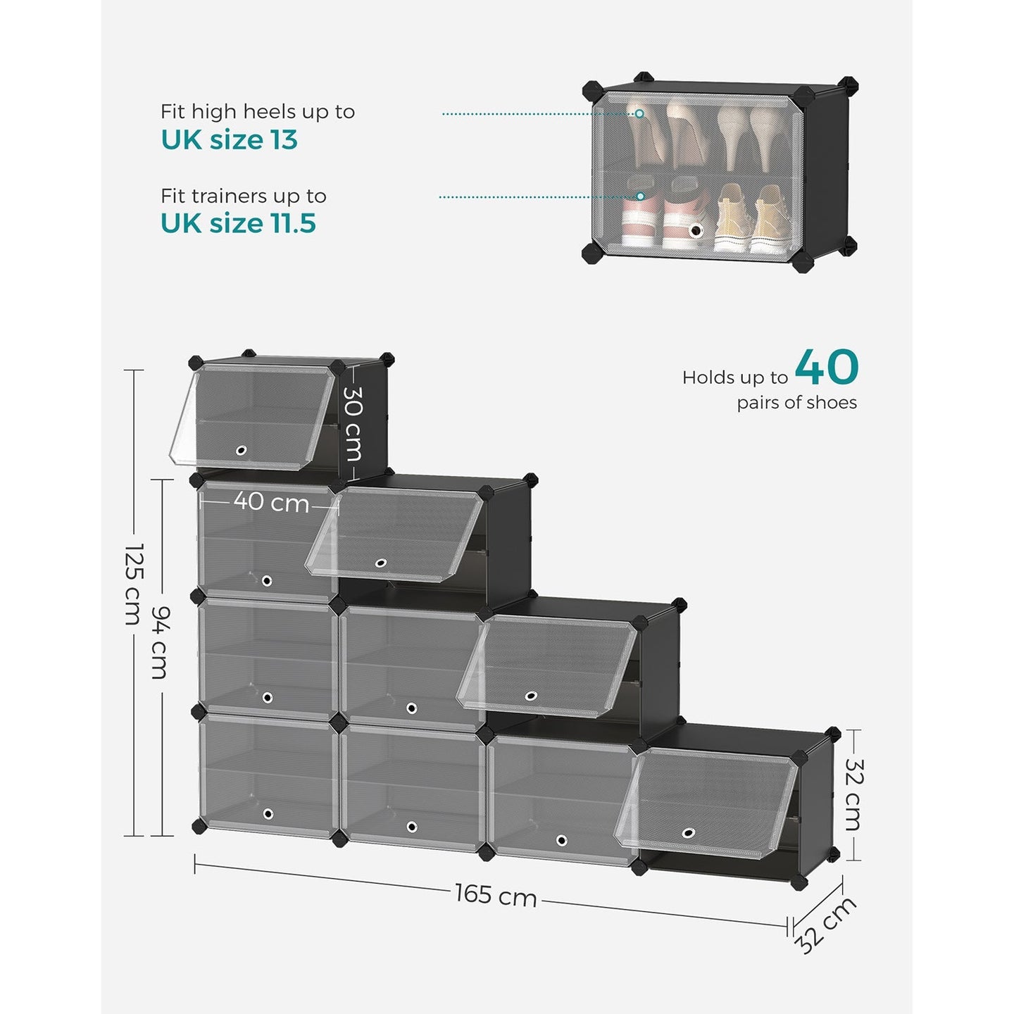 Modular Shoe Rack - Plastic - Black - 10-Slot Interlocking Design with Doors