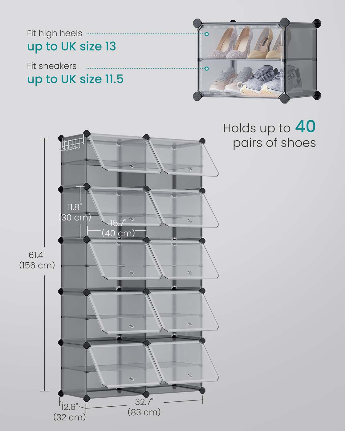 Modular Shoe Rack - Steel - Slate Grey - 10-Slot Design with Doors
