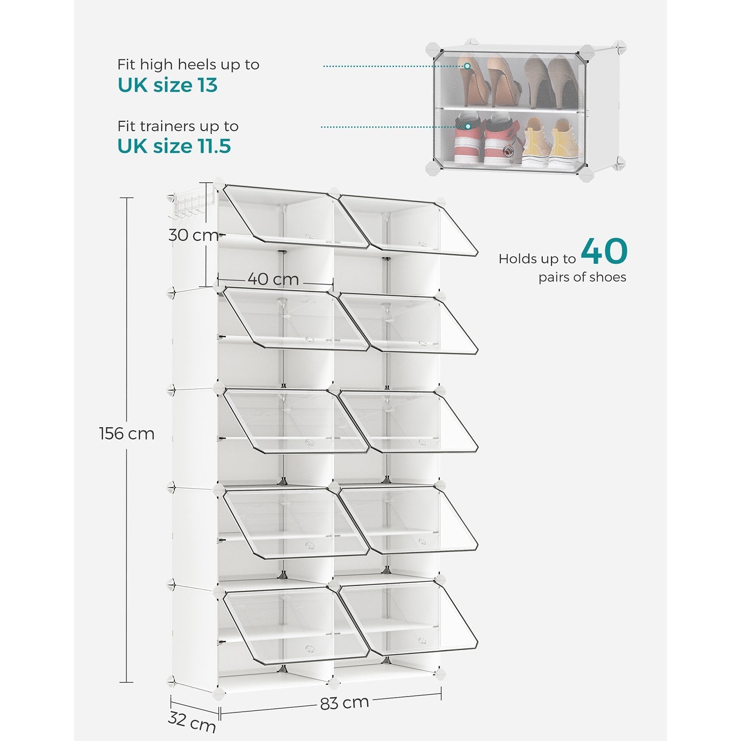 Modular Storage Organiser Unit - 10 Slots with Doors - Steel Frame - White