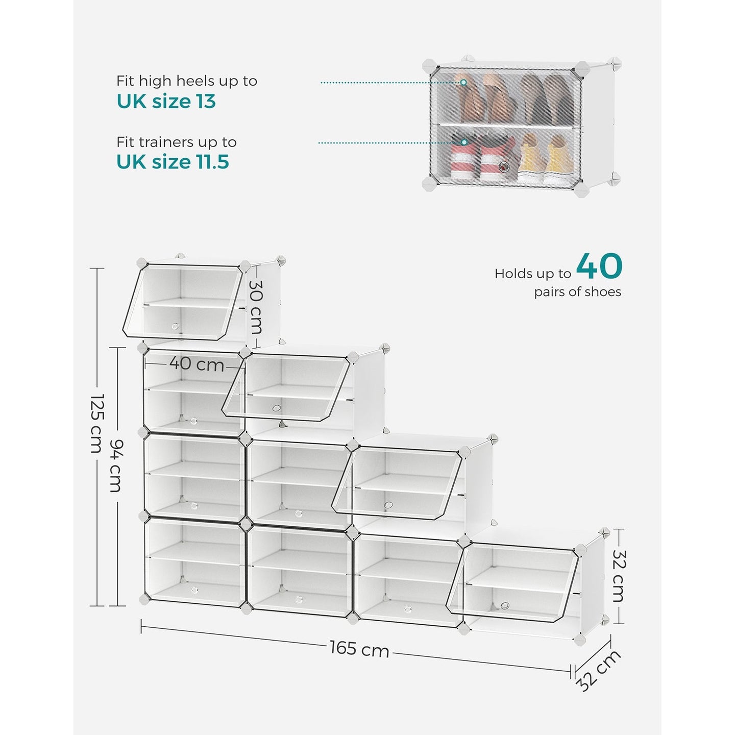 Modular Storage Organiser Unit - 10 Slots with Doors - Steel Frame - White