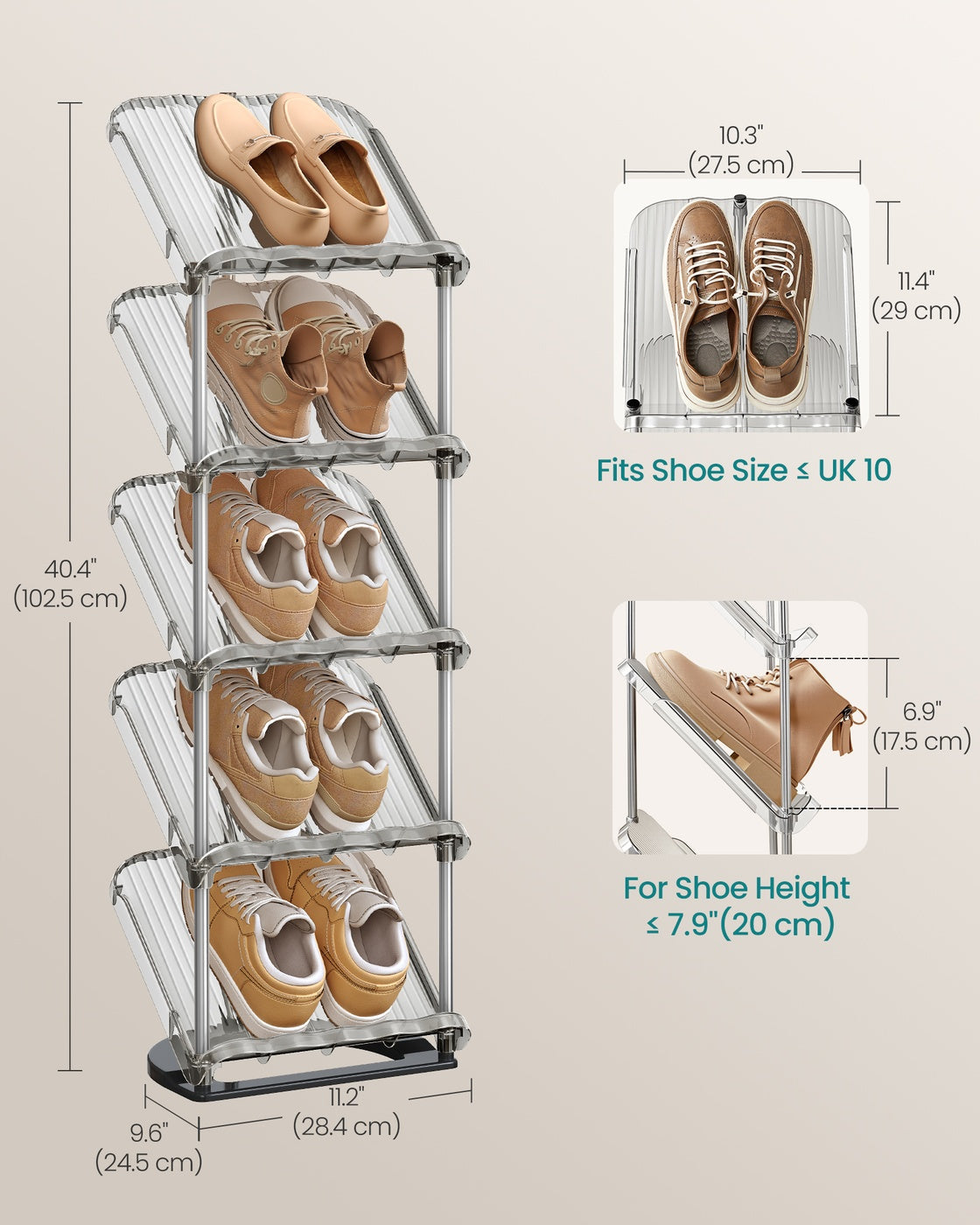 Shoe Rack - 5-Tier - PET Plastic - Slim Design