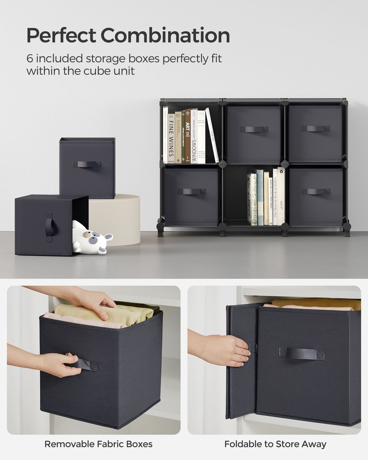 Cube Storage Unit - Non-Woven Fabric - Black and Grey - Customisable Shape with Storage Boxes