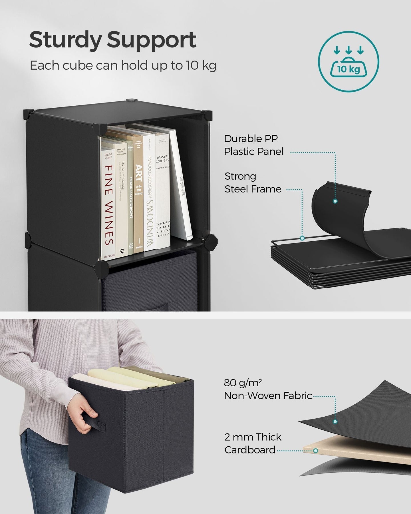 Cube Storage Unit - Non-Woven Fabric - Black and Grey - Customisable Shape with Storage Boxes
