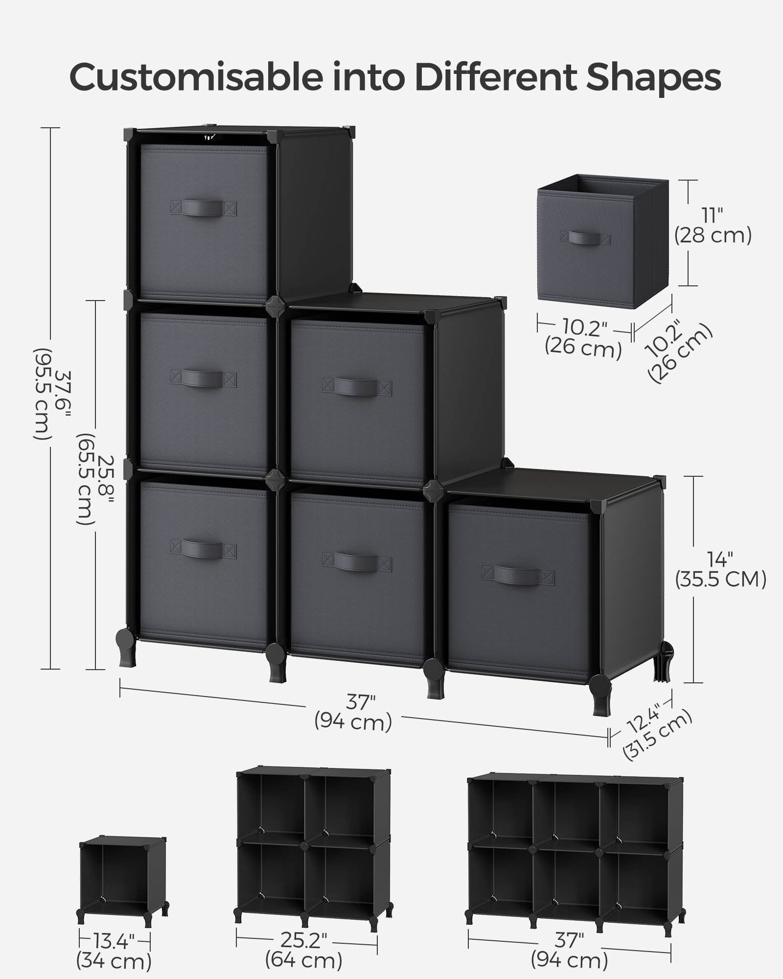 Cube Storage Unit - Non-Woven Fabric - Black and Grey - Customisable Shape with Storage Boxes