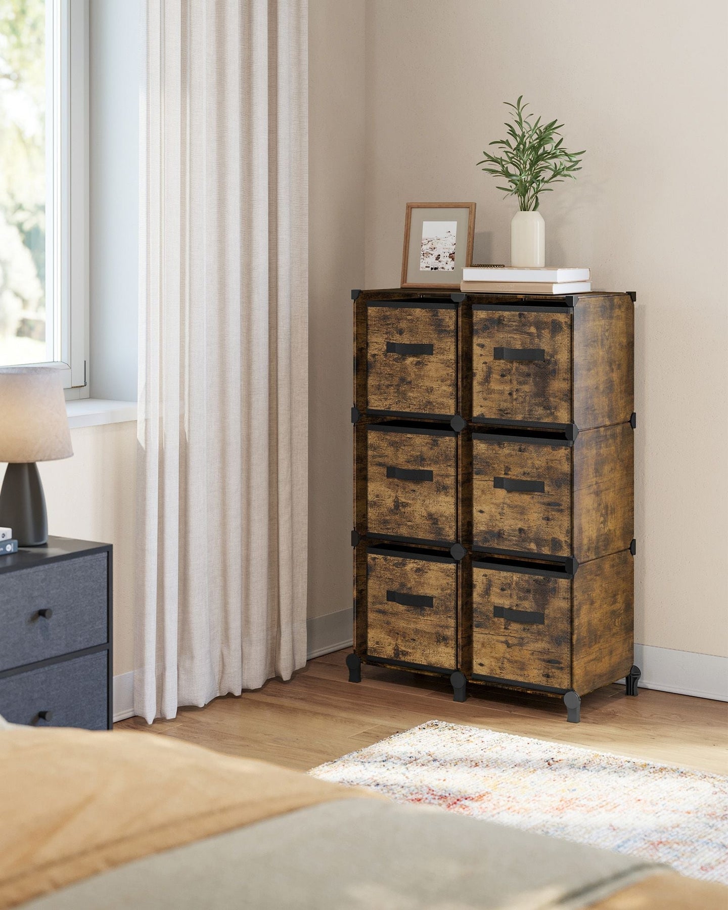 Cube Storage Organizer - Wood - Rustic Brown - 6 Non-Woven Fabric Storage Boxes
