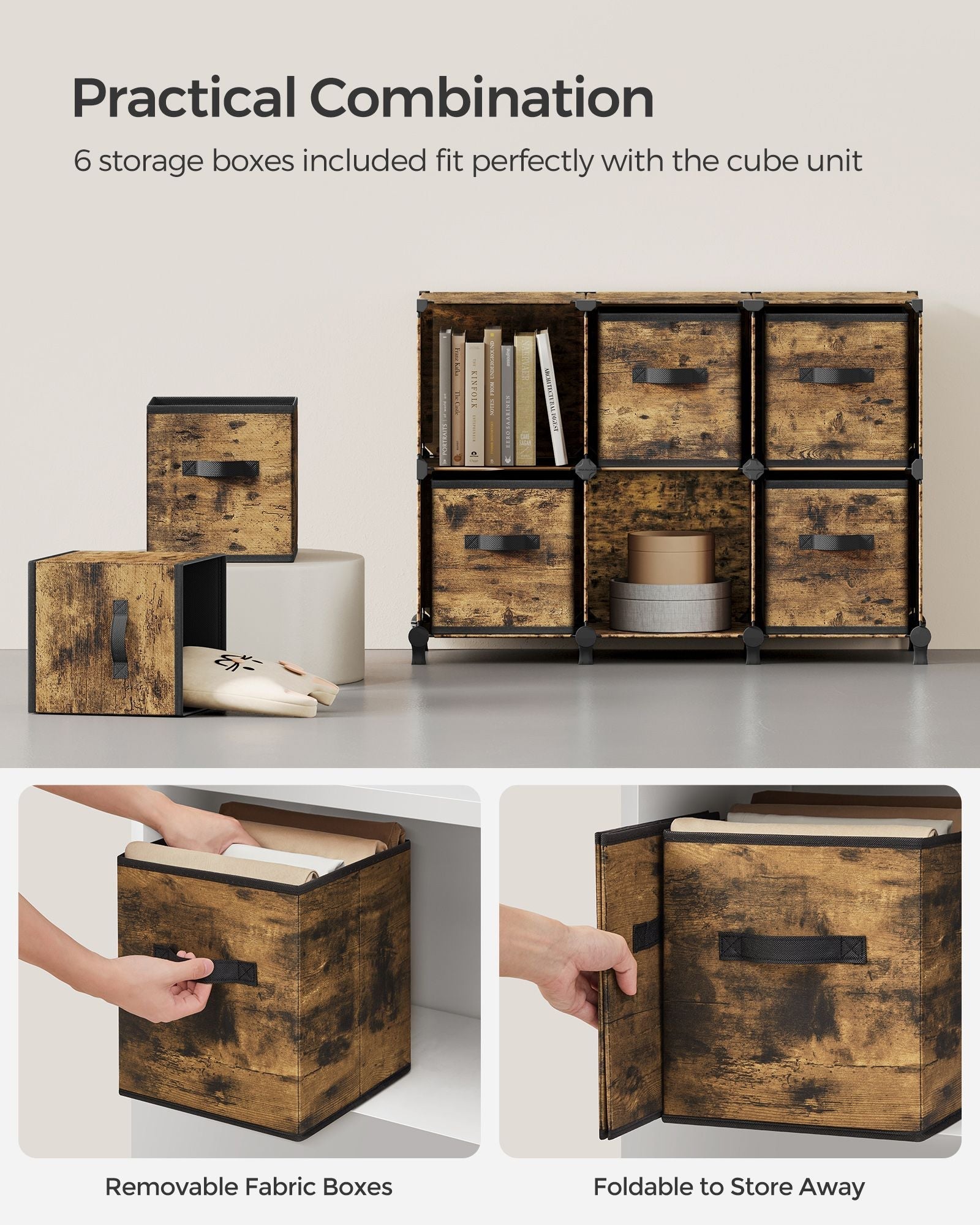Cube Storage Organizer - Wood - Rustic Brown - 6 Non-Woven Fabric Storage Boxes