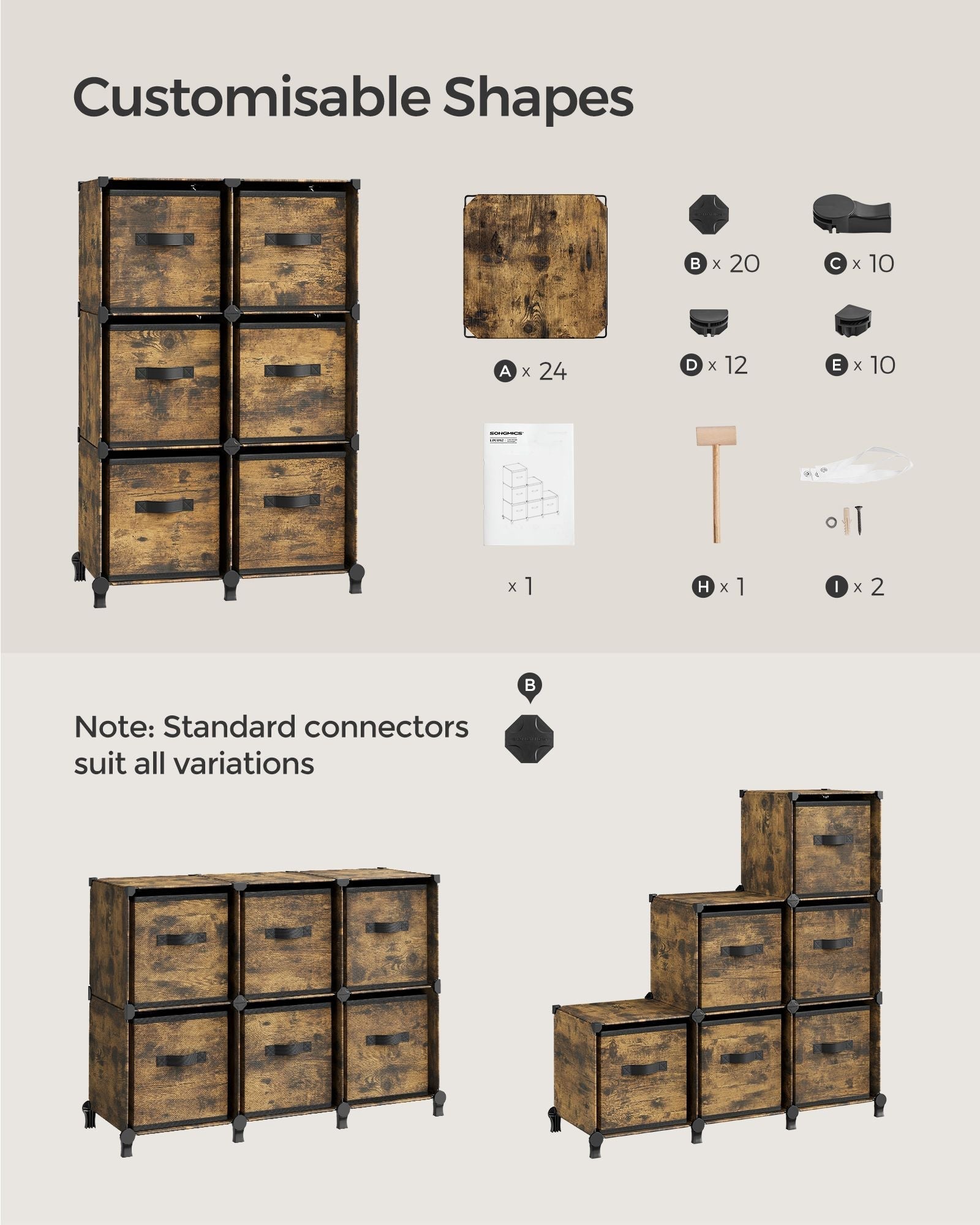 Cube Storage Organizer - Wood - Rustic Brown - 6 Non-Woven Fabric Storage Boxes
