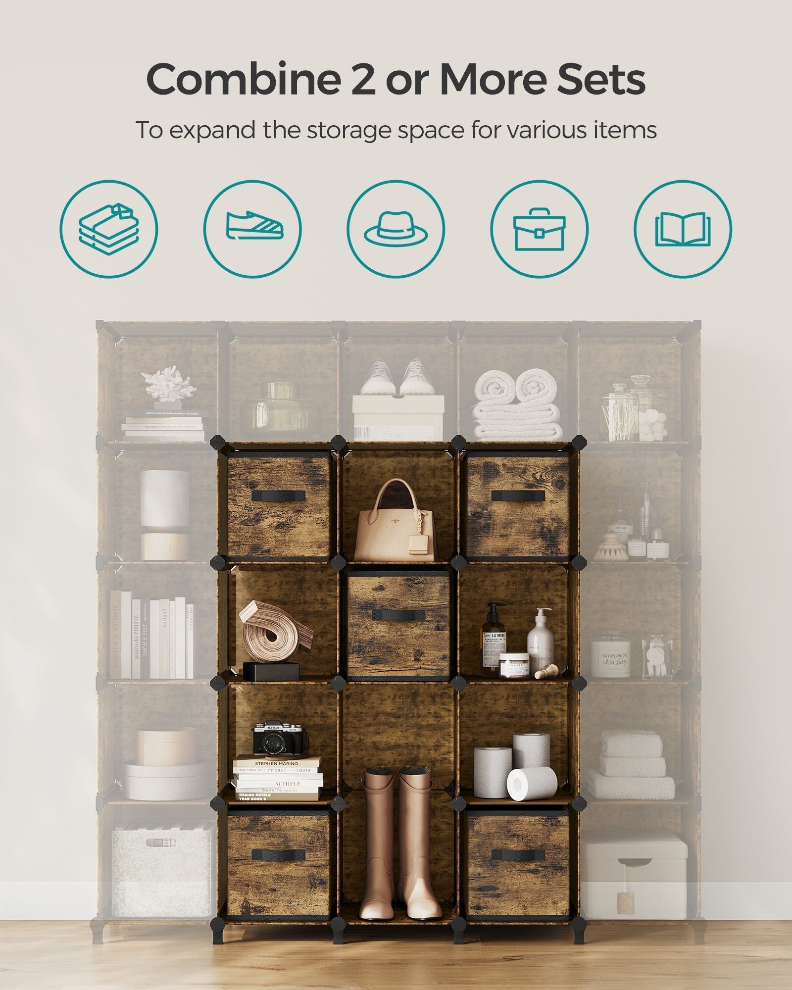 Cube Storage Organizer - Wood - Rustic Brown - 6 Non-Woven Fabric Storage Boxes
