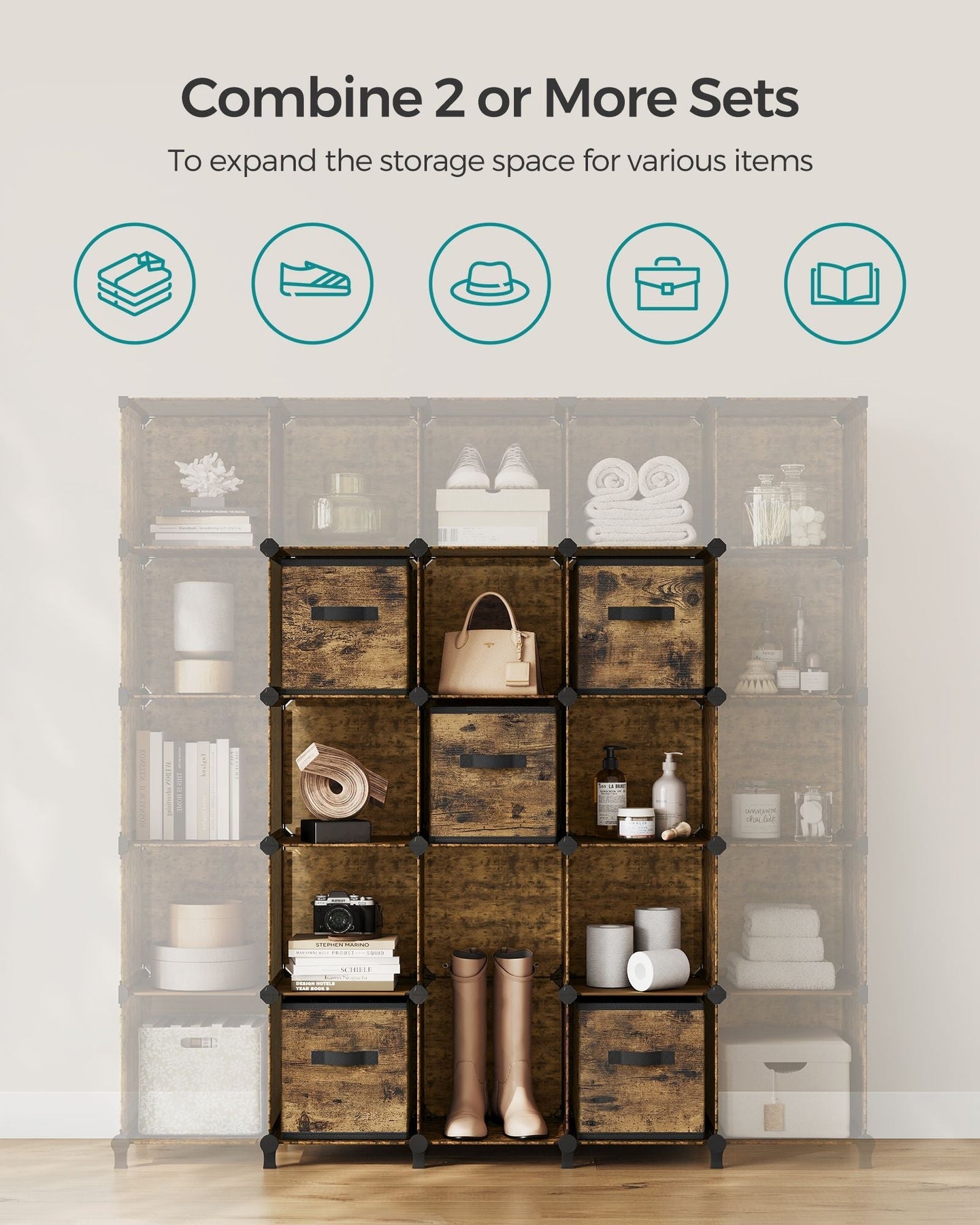 Cube Storage Organizer - Wood - Rustic Brown - 6 Non-Woven Fabric Storage Boxes