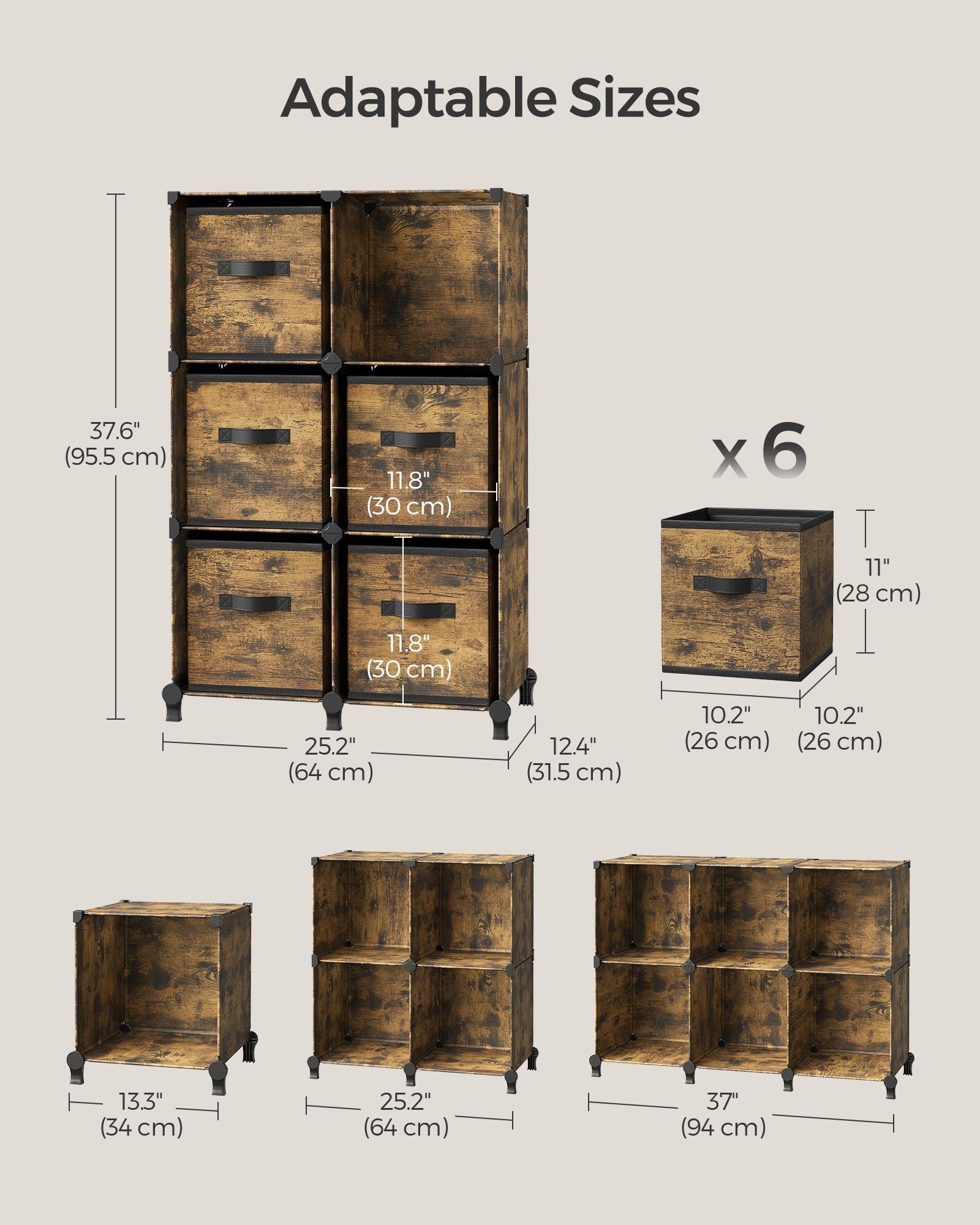 Cube Storage Organizer - Wood - Rustic Brown - 6 Non-Woven Fabric Storage Boxes