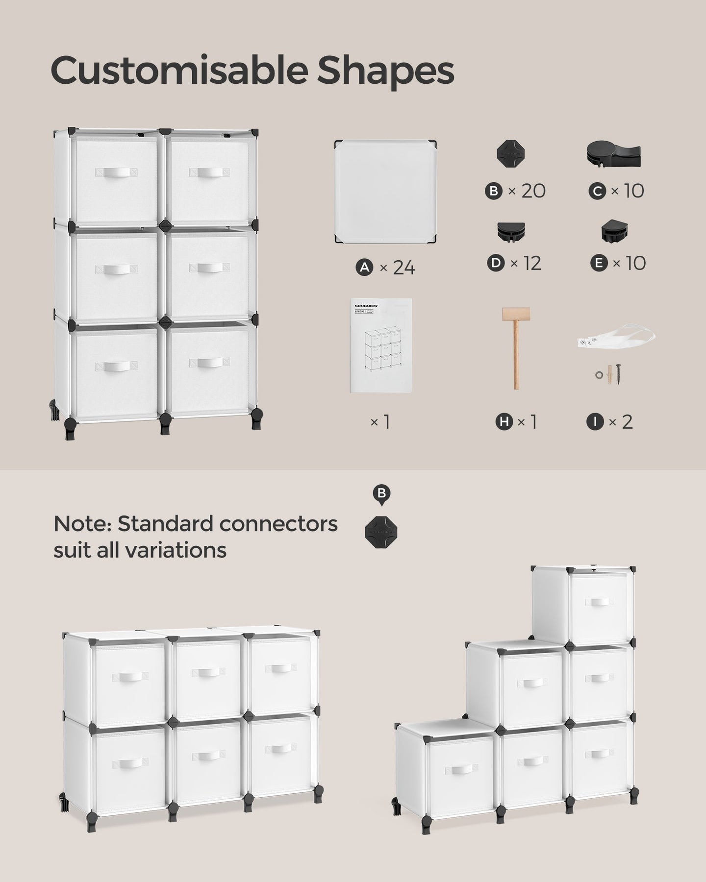 Cube Storage Organiser - Non-Woven Fabric - Cloud White - Customisable Shape with 6 Storage Boxes