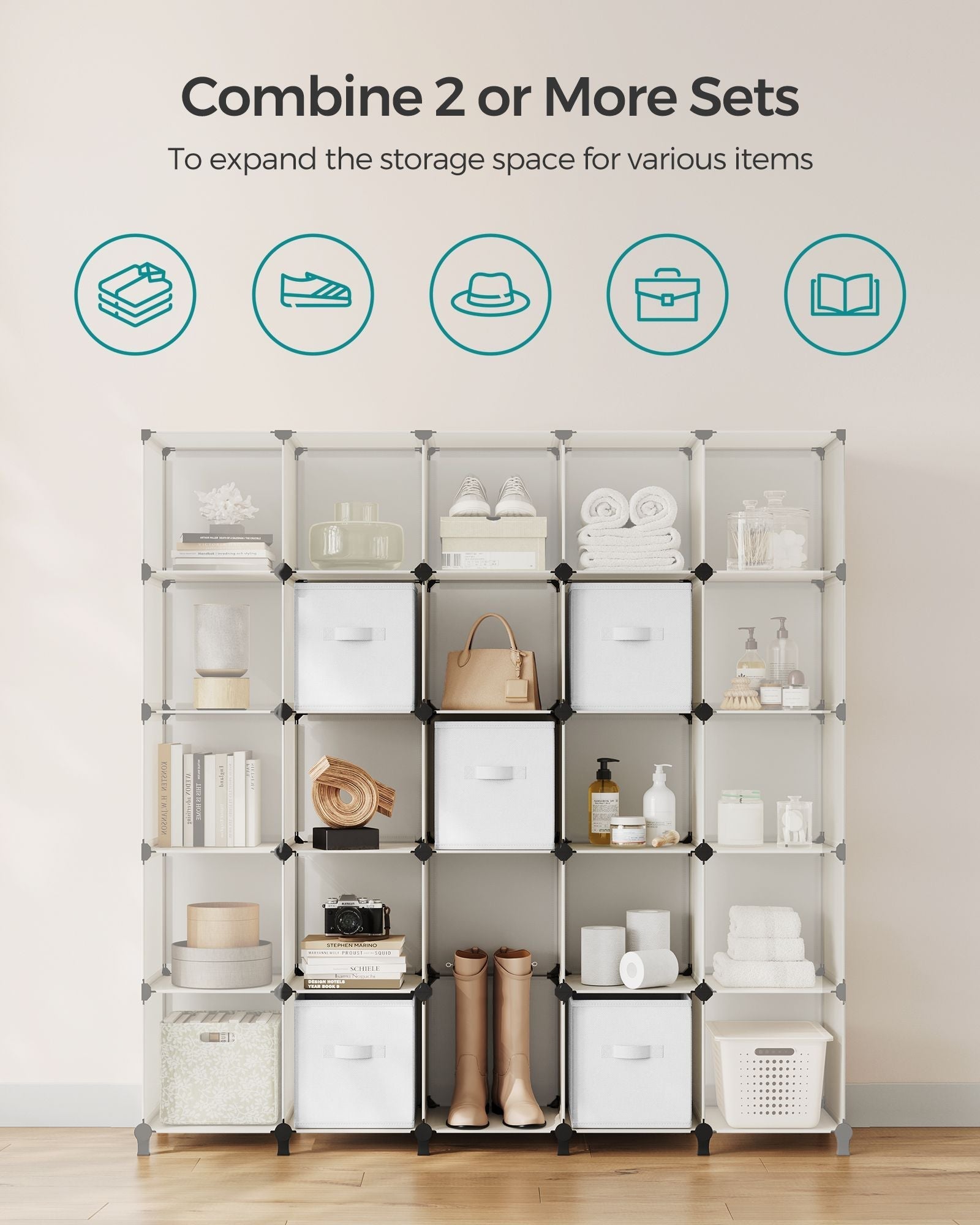Cube Storage Organiser - Non-Woven Fabric - Cloud White - Customisable Shape with 6 Storage Boxes