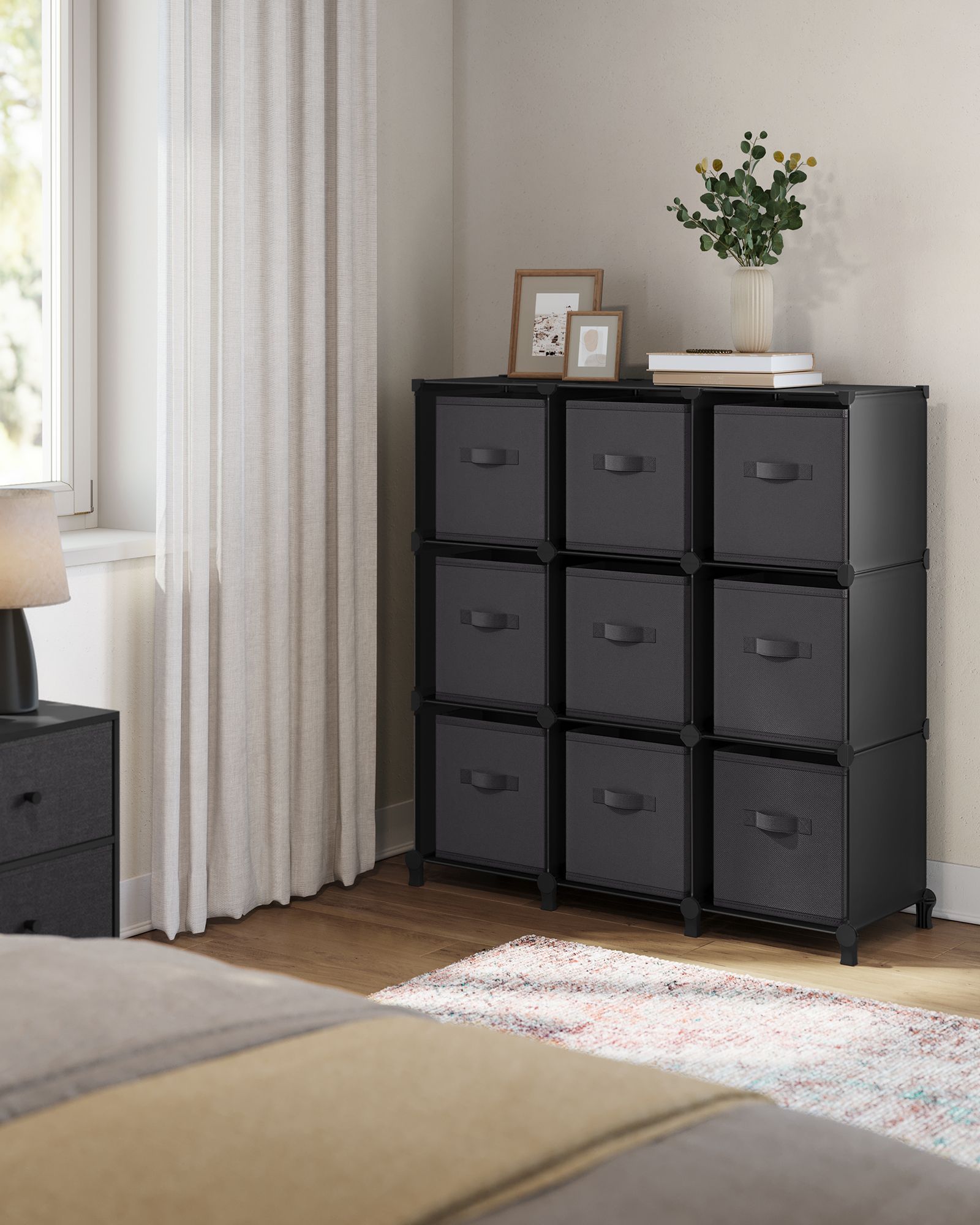 Cube Organizer - Non-Woven Fabric - Ink Black and Dove Grey - Customizable Shape with 9 Storage Boxes