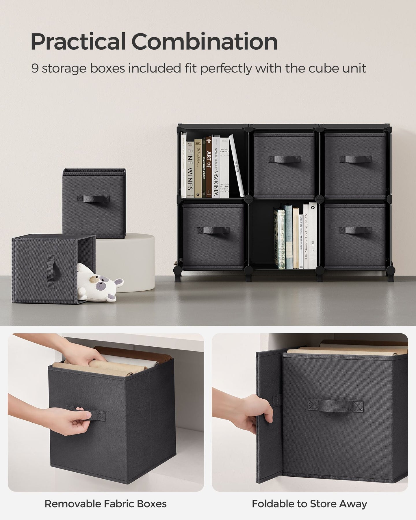 Cube Organizer - Non-Woven Fabric - Ink Black and Dove Grey - Customizable Shape with 9 Storage Boxes