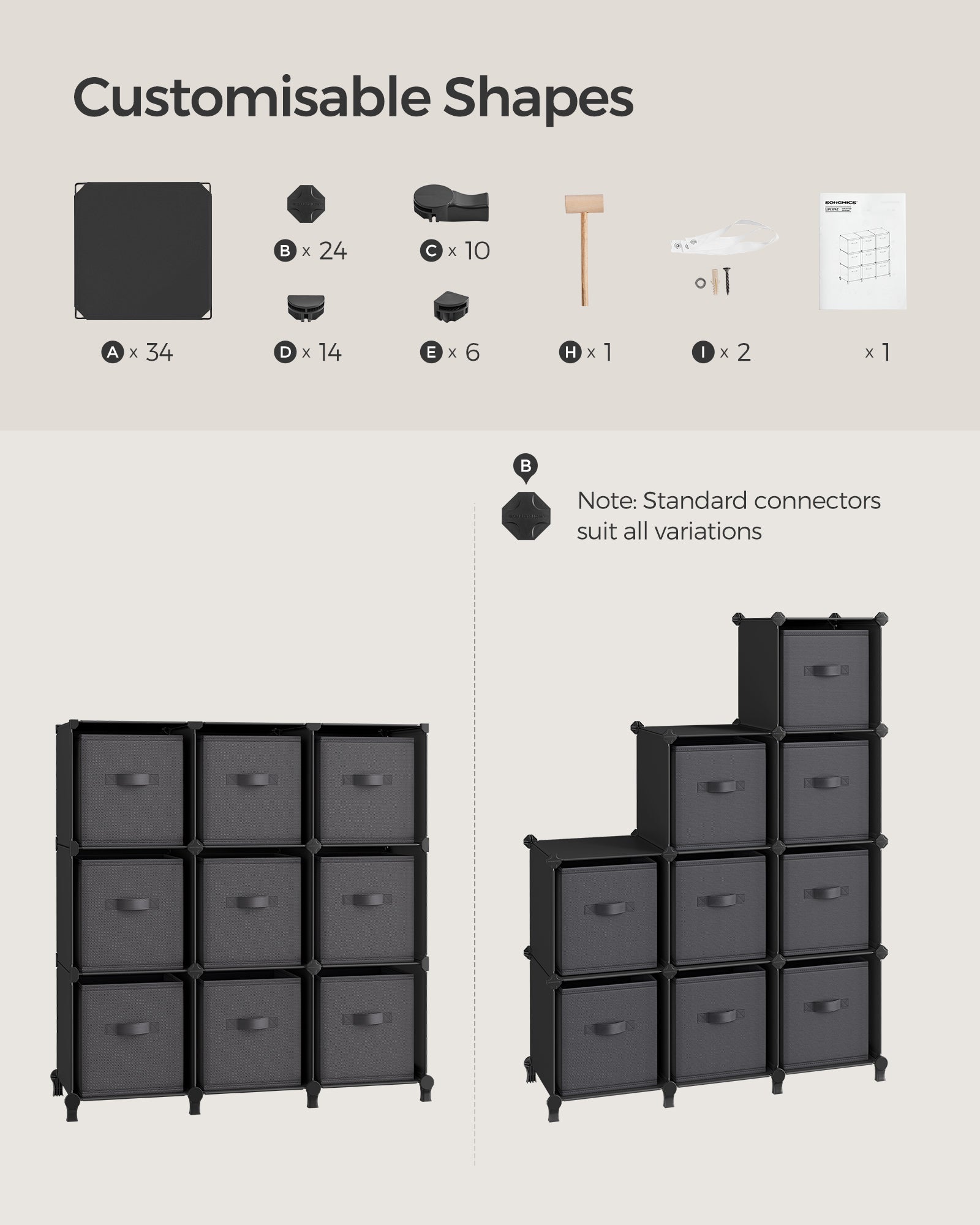 Cube Organizer - Non-Woven Fabric - Ink Black and Dove Grey - Customizable Shape with 9 Storage Boxes