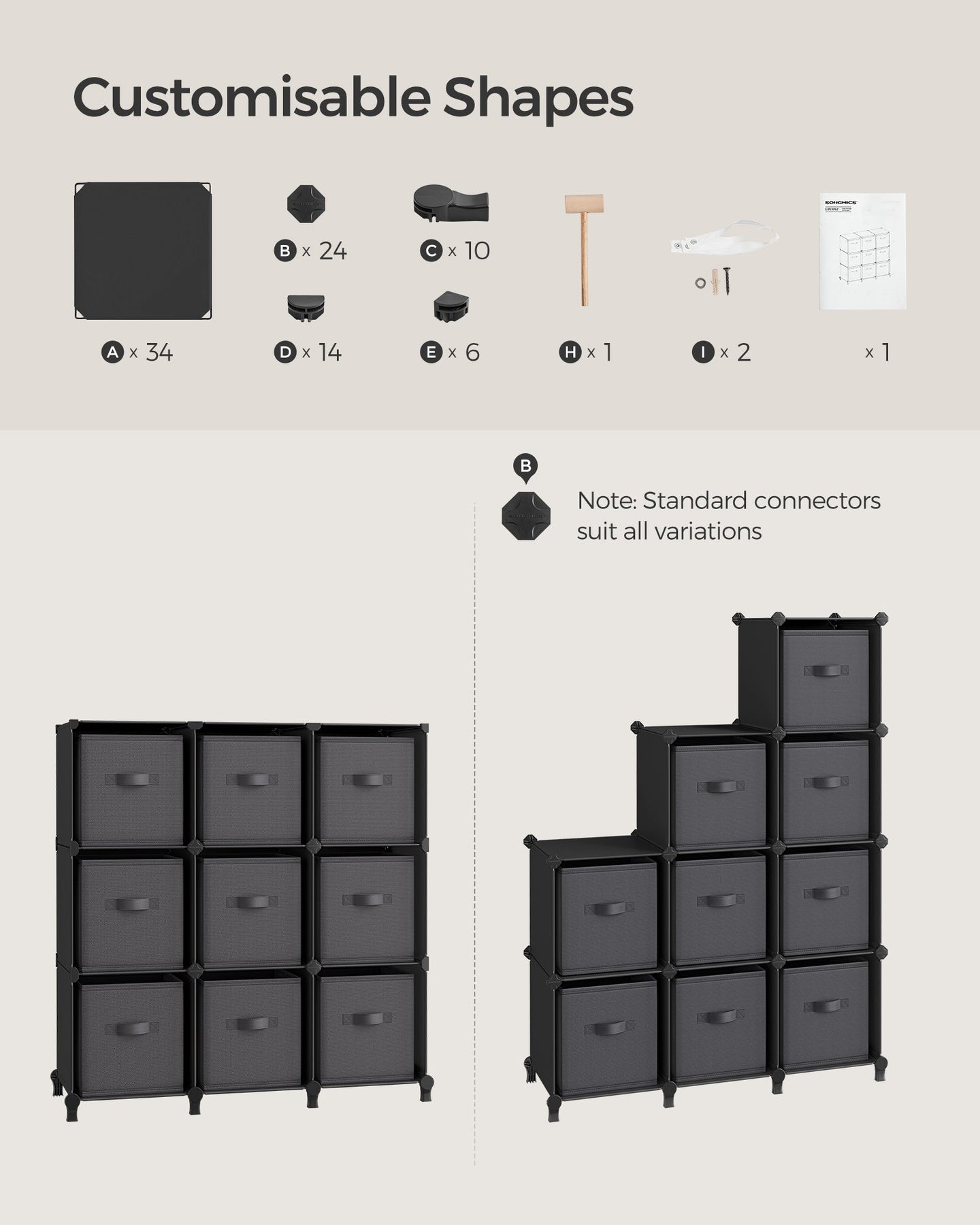 Cube Organizer - Non-Woven Fabric - Ink Black and Dove Grey - Customizable Shape with 9 Storage Boxes