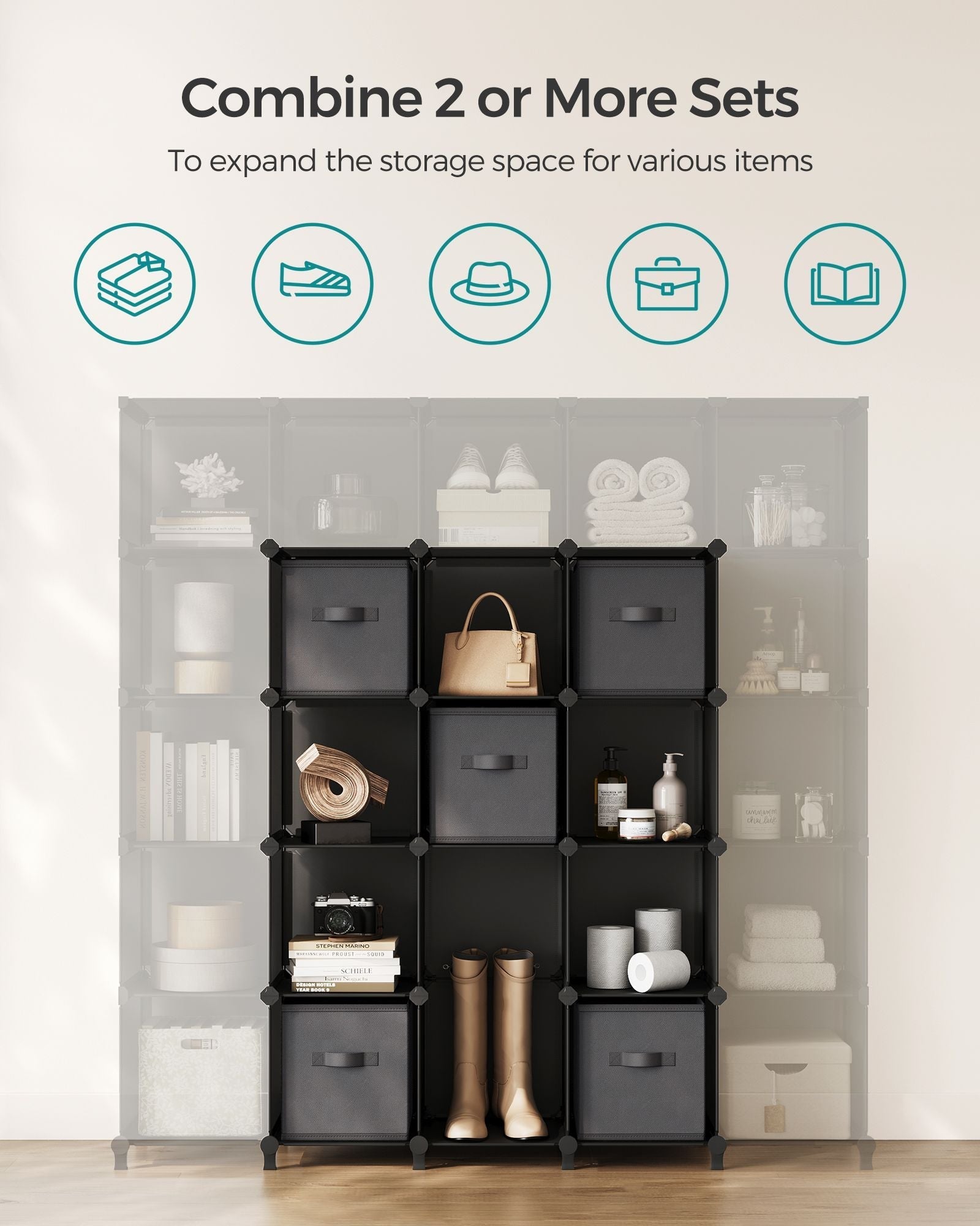 Cube Organizer - Non-Woven Fabric - Ink Black and Dove Grey - Customizable Shape with 9 Storage Boxes
