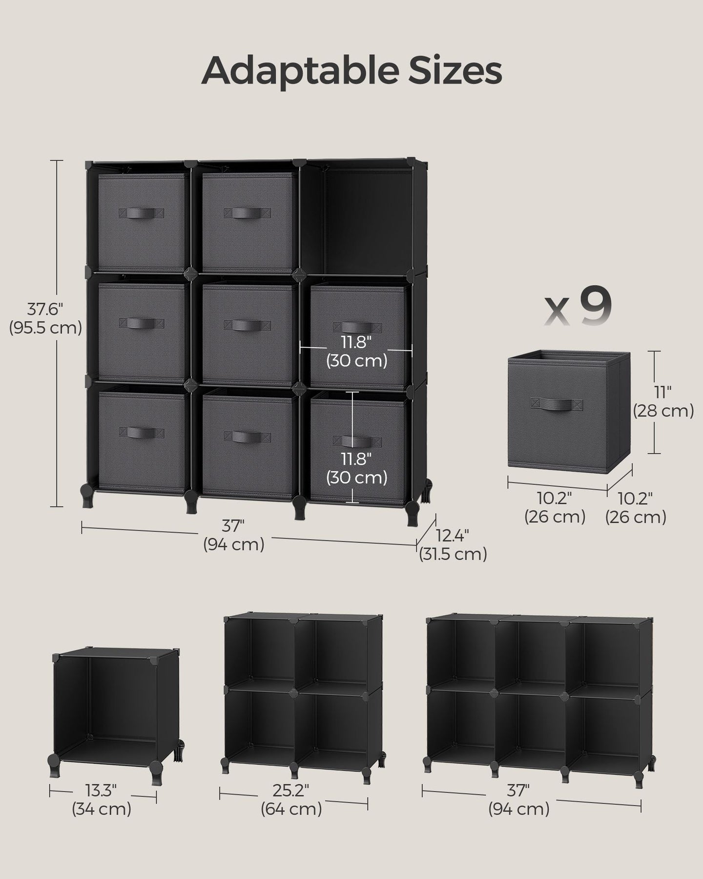 Cube Organizer - Non-Woven Fabric - Ink Black and Dove Grey - Customizable Shape with 9 Storage Boxes