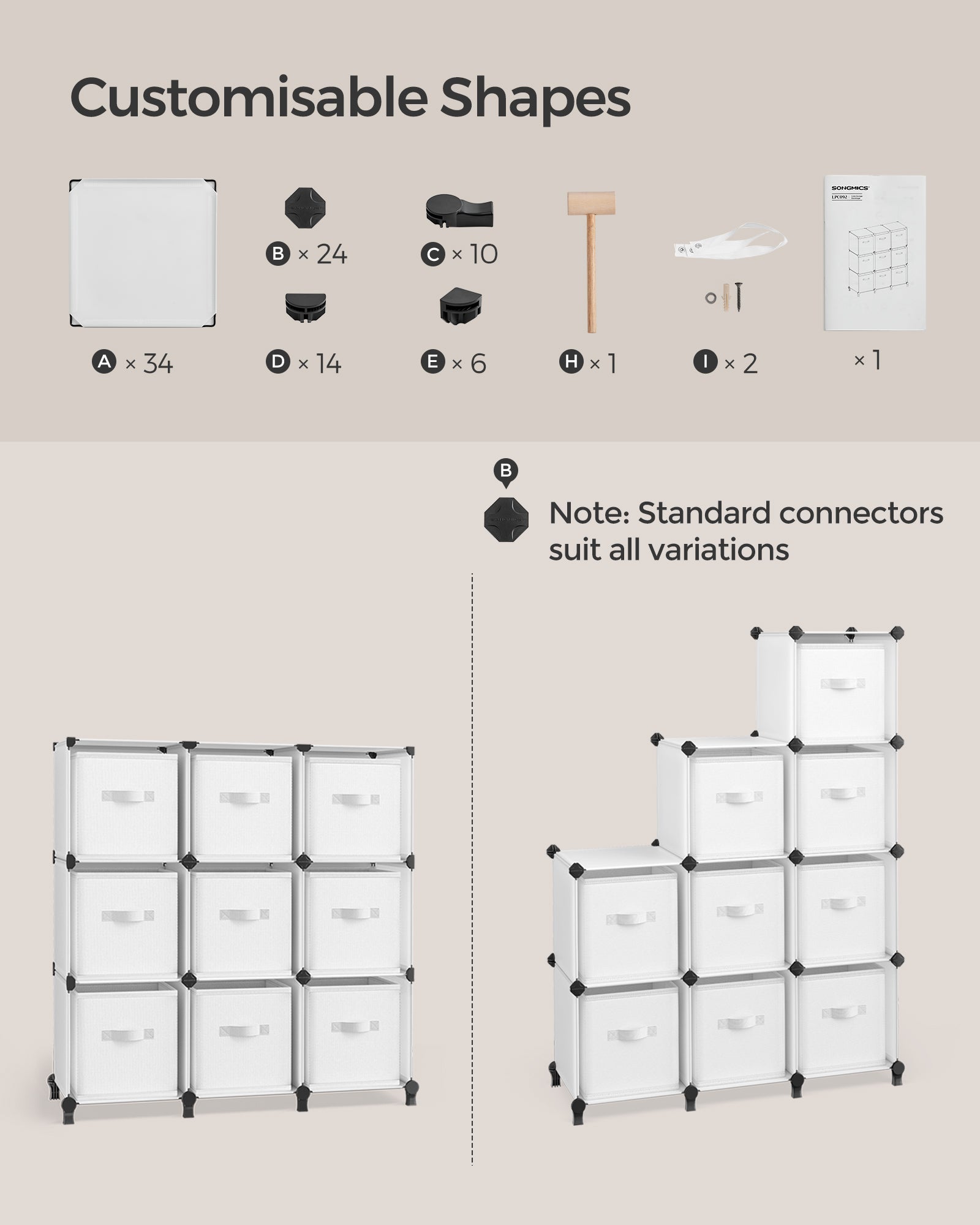 Cube Storage Organiser - Non-Woven Fabric - Cloud White - Customisable Shape with 9 Storage Boxes