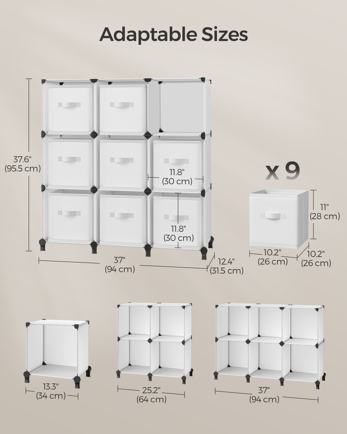 Cube Storage Organiser - Non-Woven Fabric - Cloud White - Customisable Shape with 9 Storage Boxes