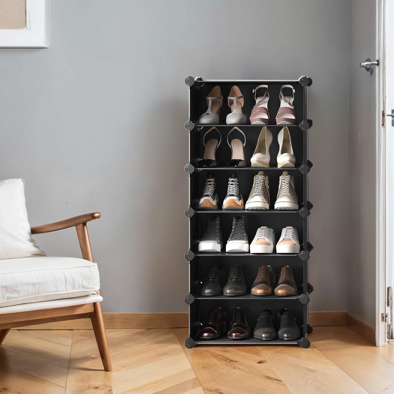 10-Tier Shoe Rack - Plastic - Black - Modular Storage Unit with Door