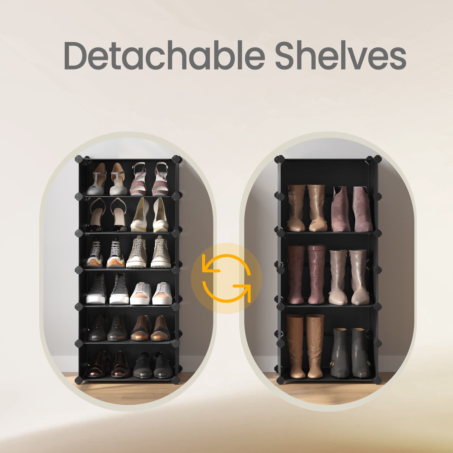 10-Tier Shoe Rack - Plastic - Black - Modular Storage Unit with Door