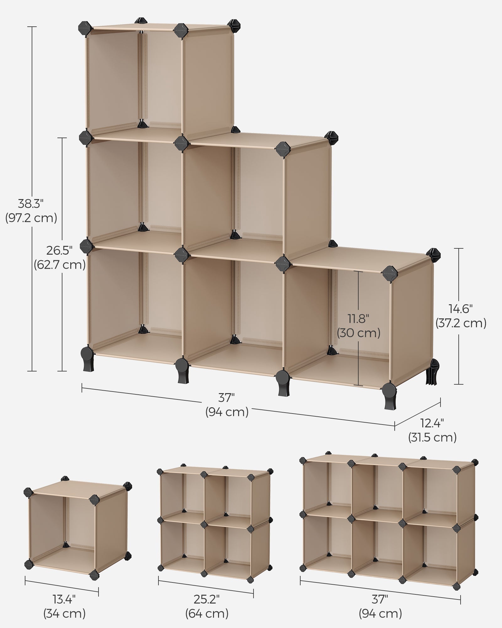 6 Cube Storage Unit - Plastic - Camel Brown - Versatile Organizer with Metal Grid