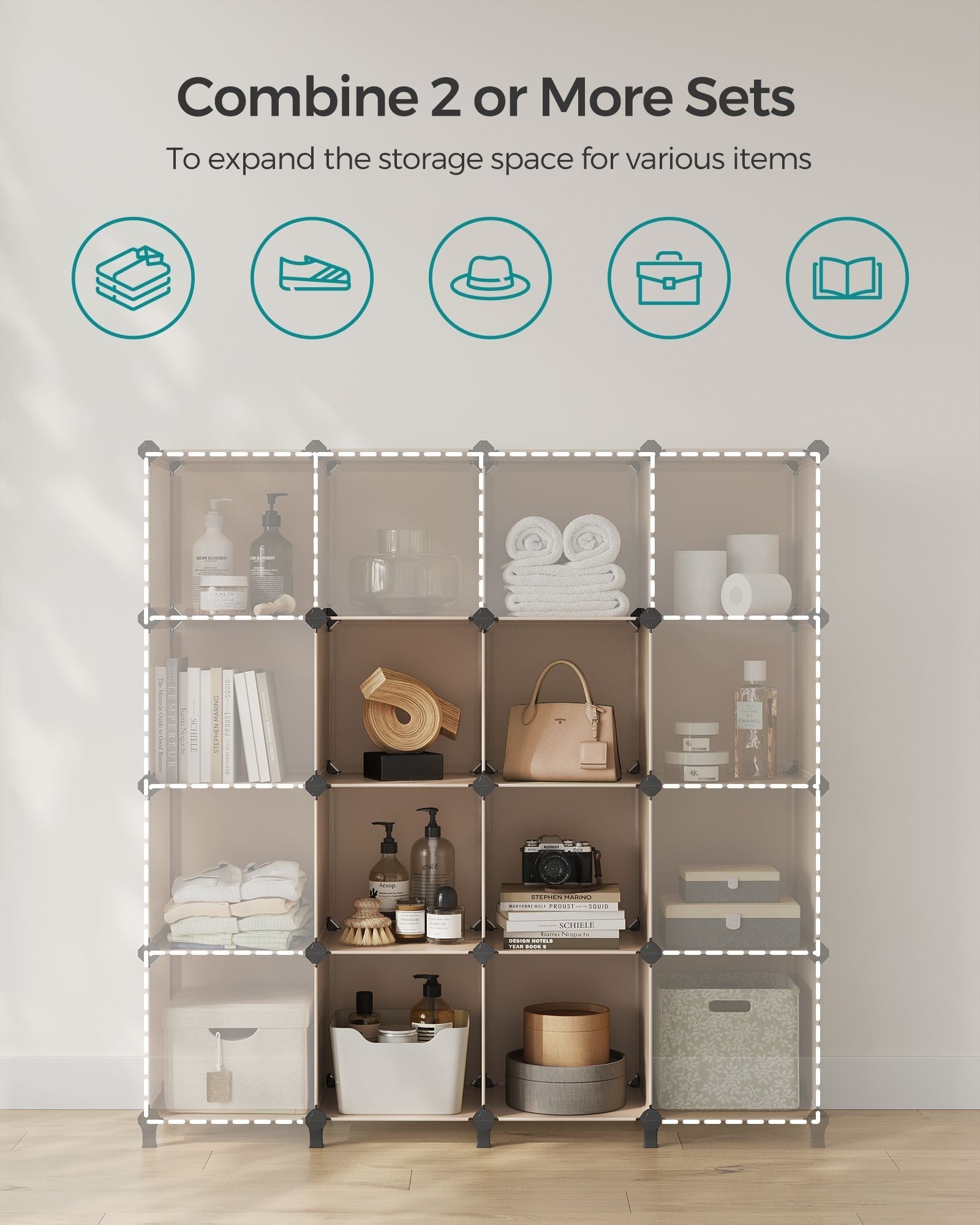 6 Cube Storage Unit - Plastic - Camel Brown - Versatile Organizer with Metal Grid