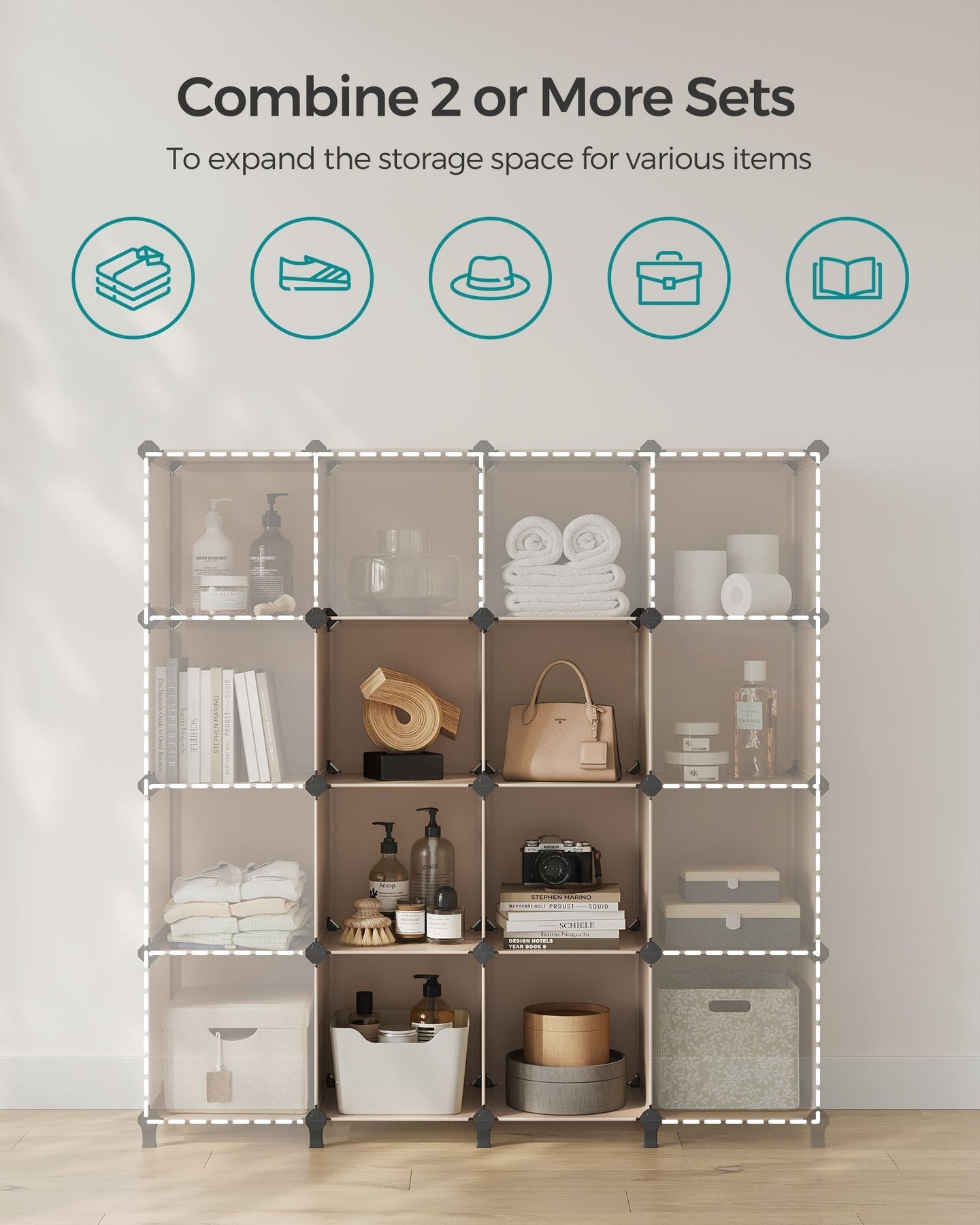 6 Cube Storage Unit - Plastic - Camel Brown - Versatile Organizer with Metal Grid