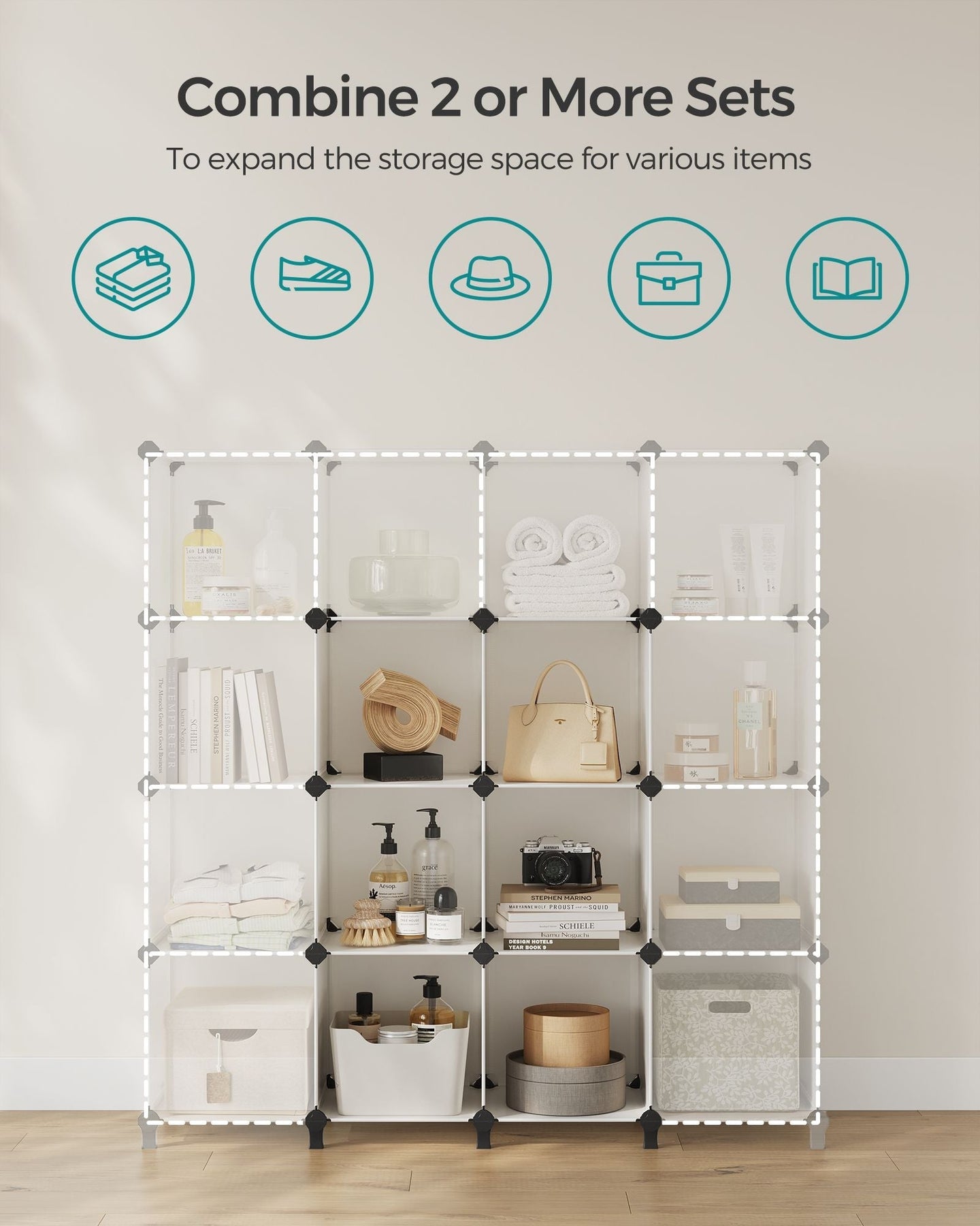 6 Cube Storage Unit - Plastic - Cream White - Multi-functional Organizer with Metal Grid