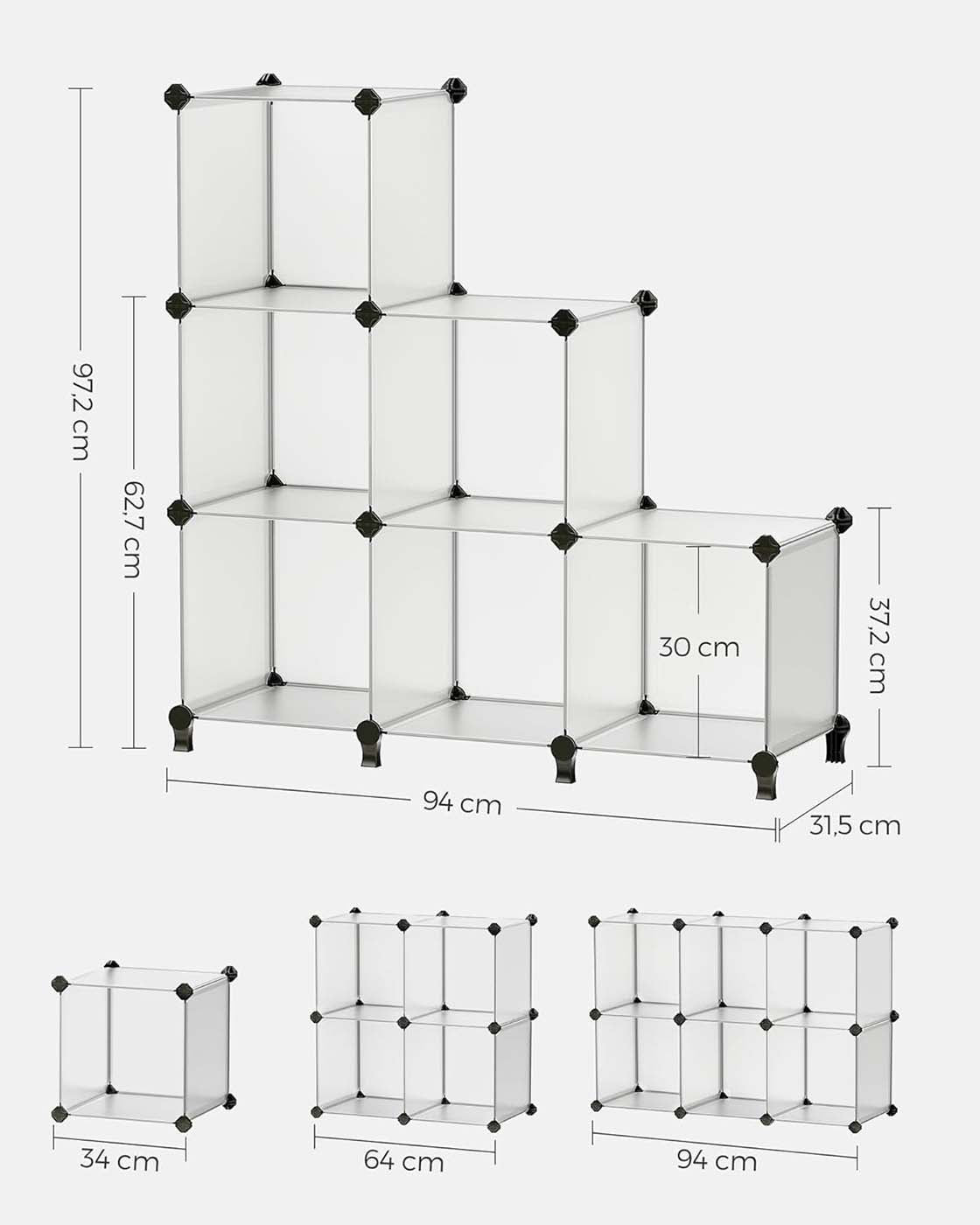 Folding Wardrobe Organiser - Plastic - Black - Large 6-Cube Storage System with Top Metal Grid