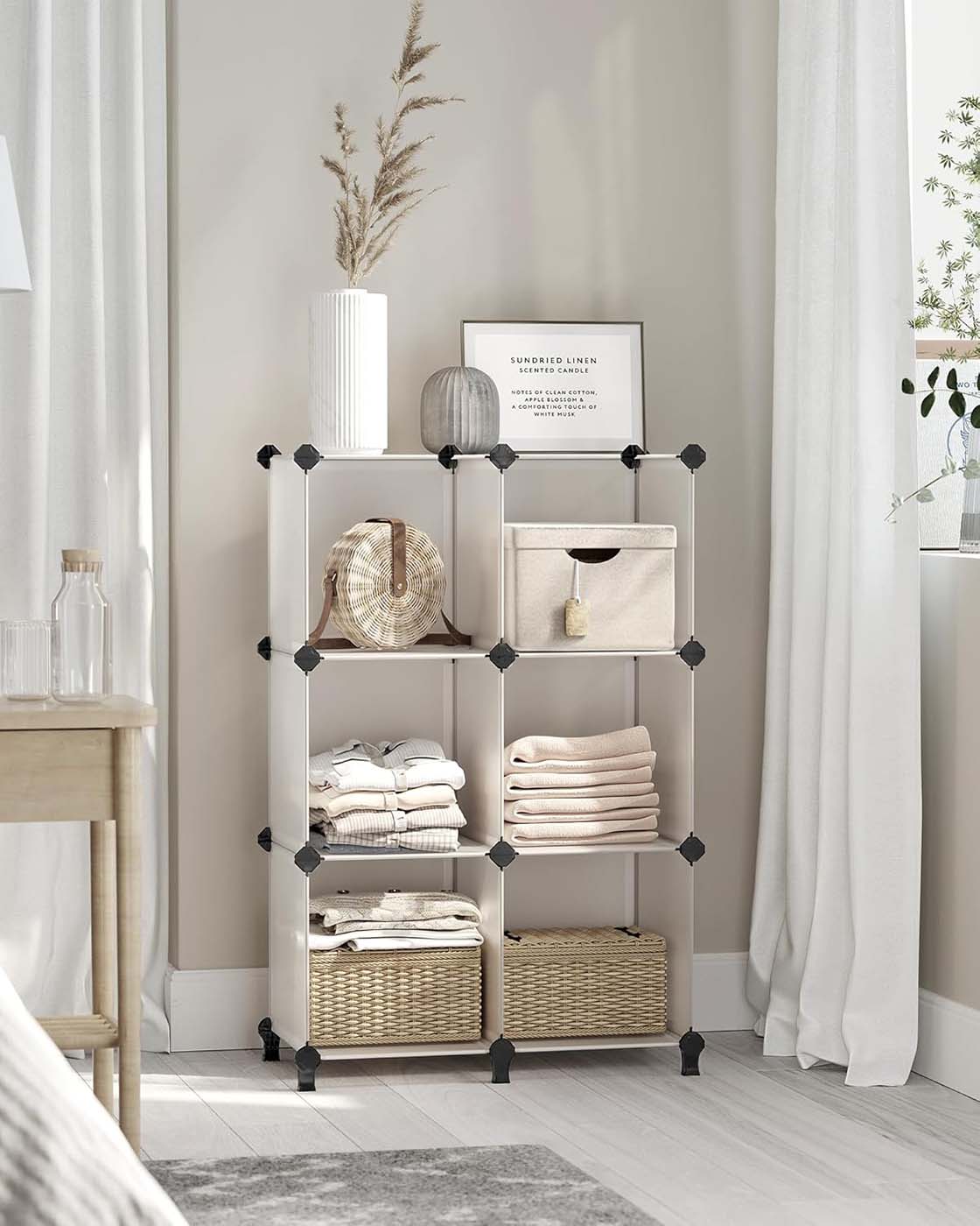 Folding Wardrobe Organiser - Plastic - Black - Large 6-Cube Storage System with Top Metal Grid