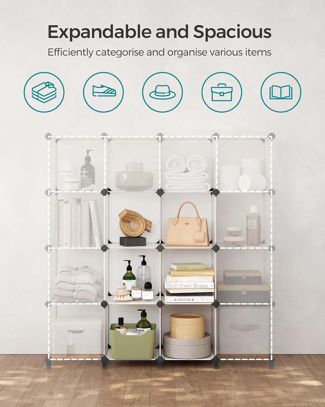 Folding Wardrobe Organiser - Plastic - Black - Large 6-Cube Storage System with Top Metal Grid