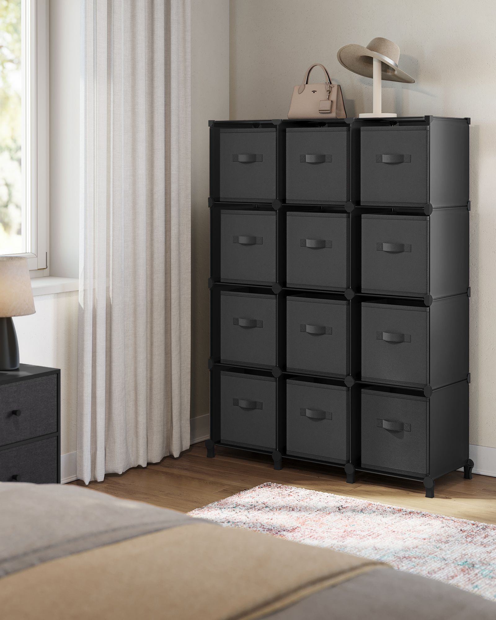 Cube Organiser - Non-Woven Fabric - Ink Black and Dove Grey - Customisable Shape with 12 Storage Boxes