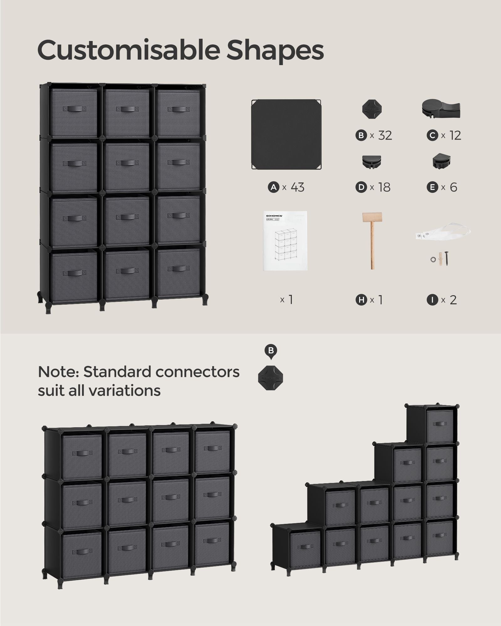 Cube Organiser - Non-Woven Fabric - Ink Black and Dove Grey - Customisable Shape with 12 Storage Boxes