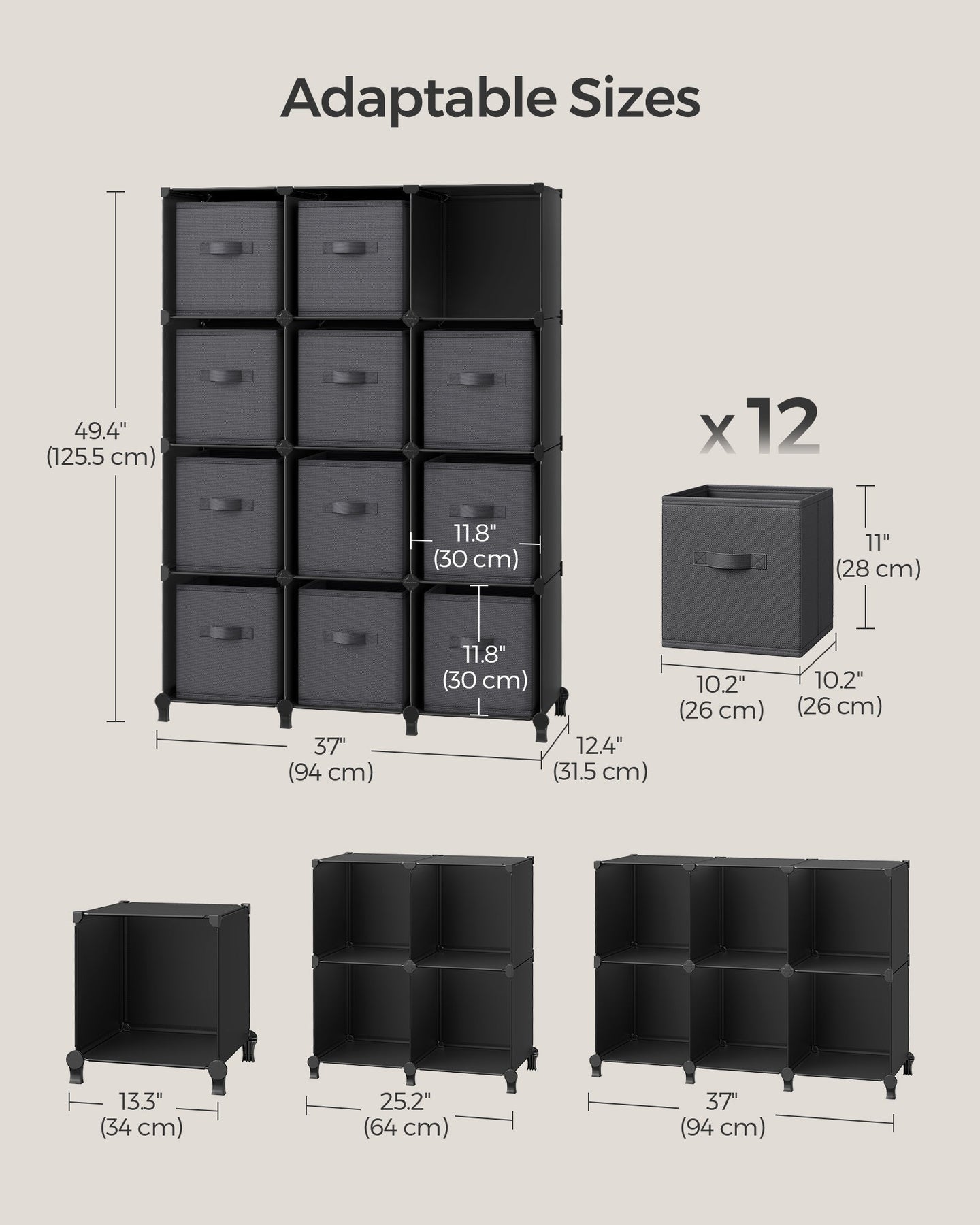 Cube Organiser - Non-Woven Fabric - Ink Black and Dove Grey - Customisable Shape with 12 Storage Boxes