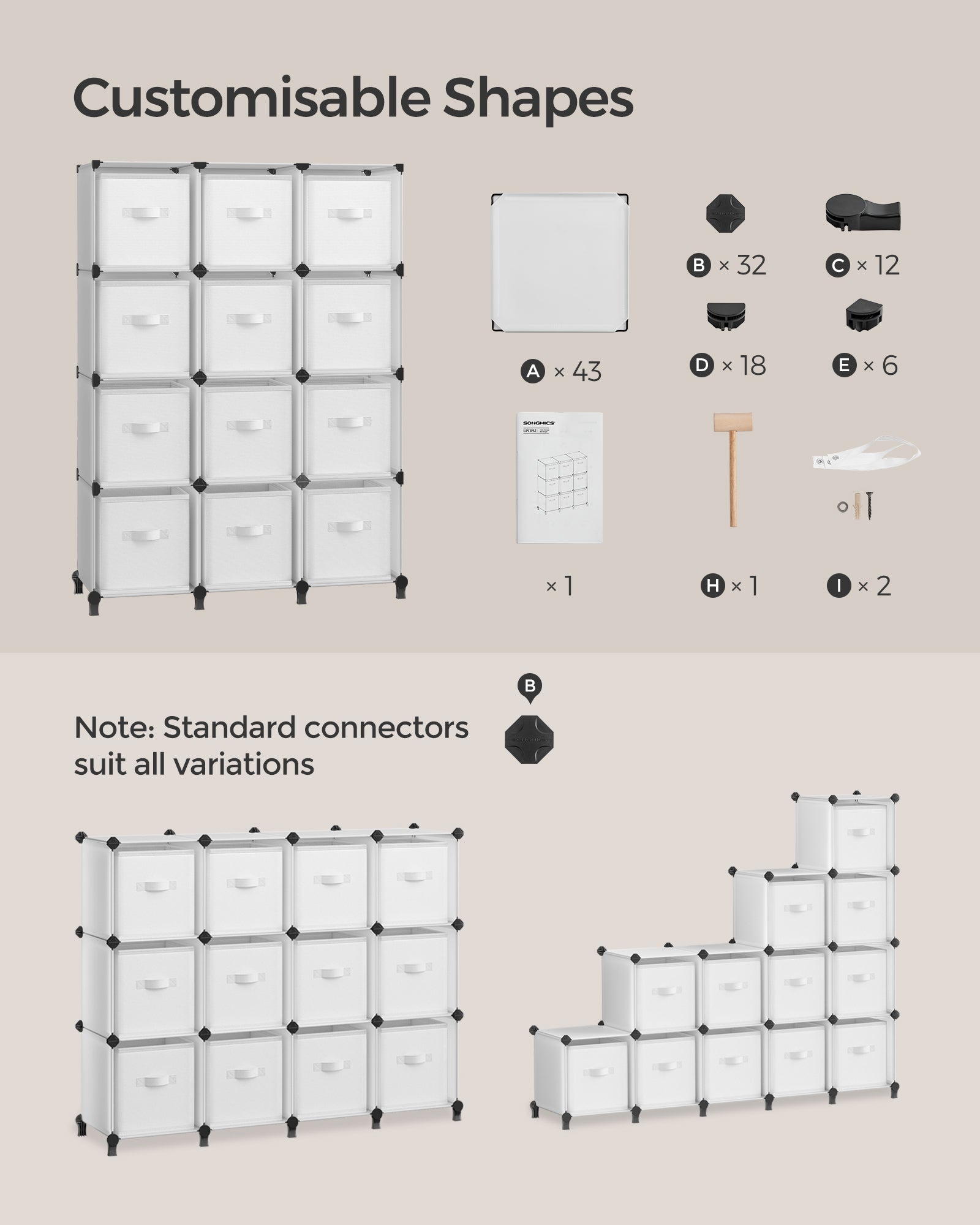 Cube Storage Organiser - Non-Woven Fabric - Cloud White - Customisable Shape with 12 Storage Boxes