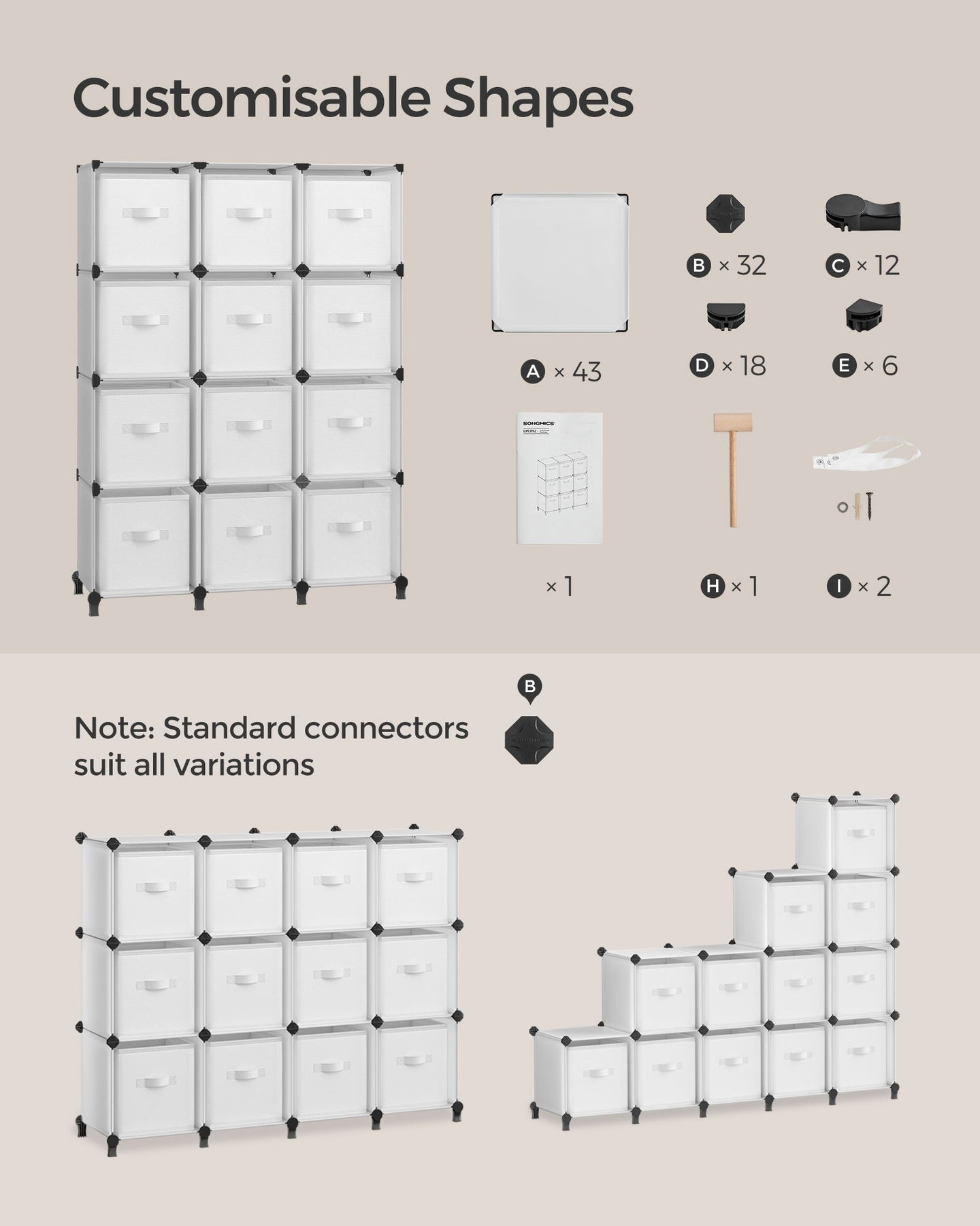 Cube Storage Organiser - Non-Woven Fabric - Cloud White - Customisable Shape with 12 Storage Boxes