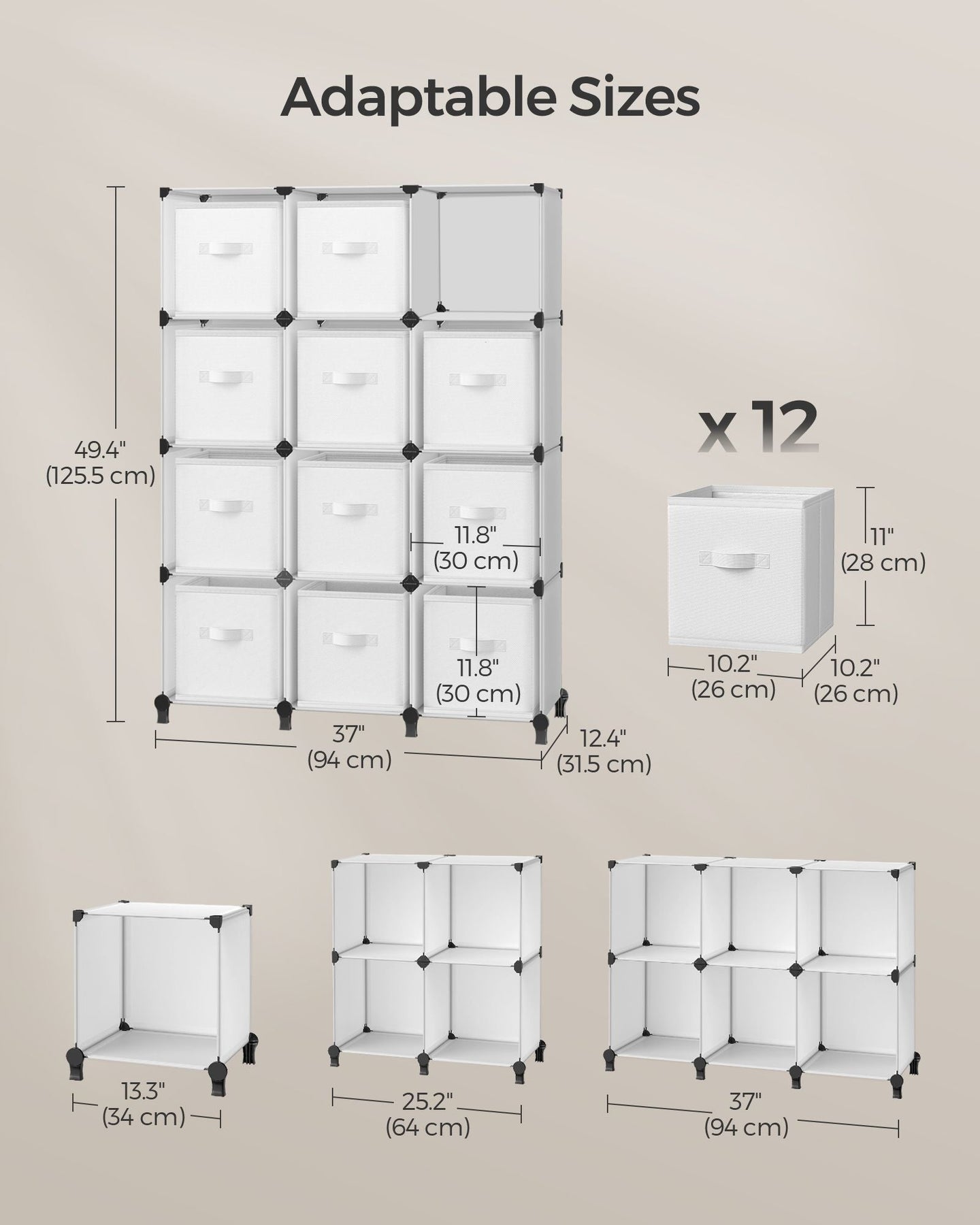 Cube Storage Organiser - Non-Woven Fabric - Cloud White - Customisable Shape with 12 Storage Boxes