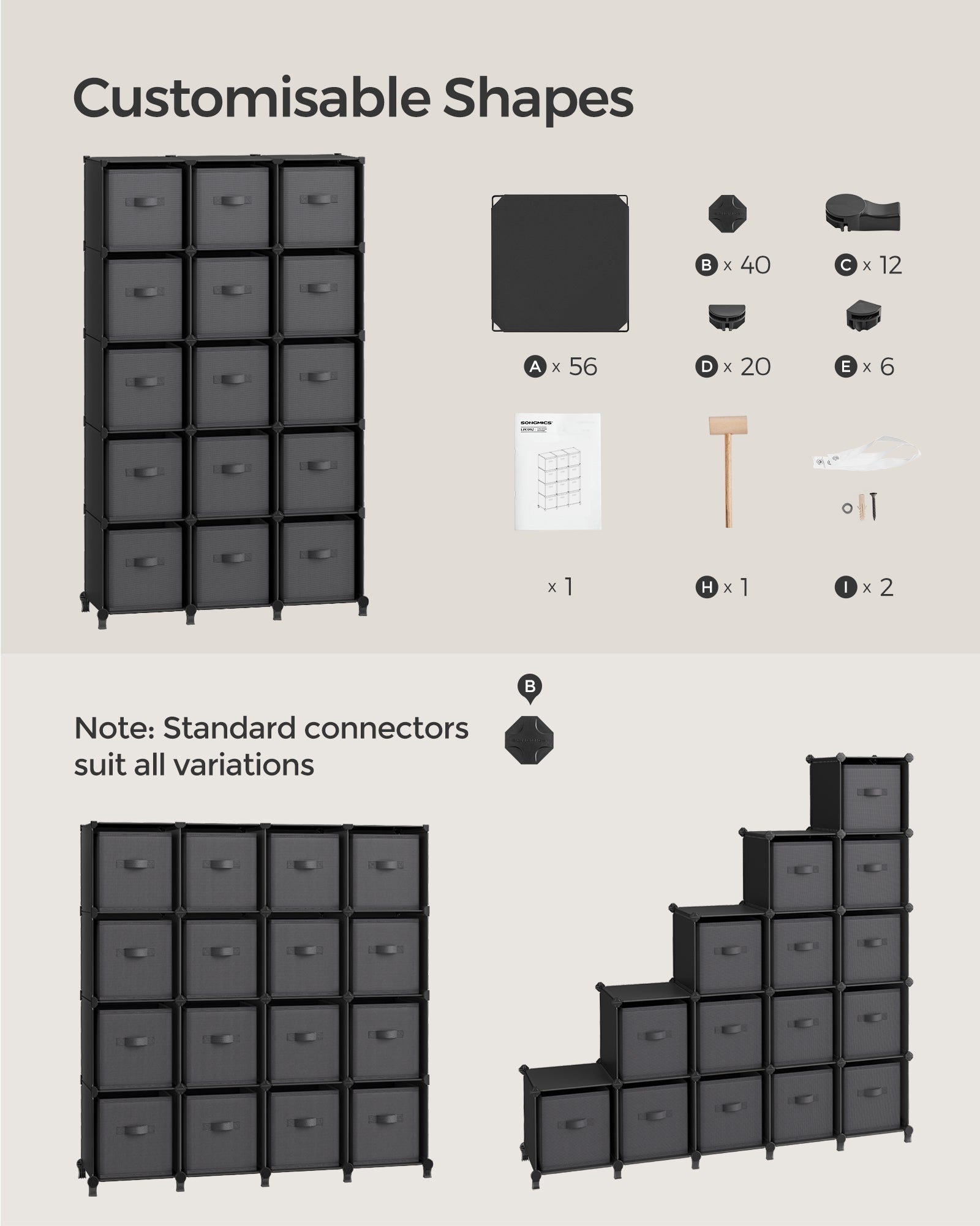 Cube Storage Organiser - Non-Woven Fabric - Ink Black and Dove Grey - Customisable Design with 16 Storage Boxes