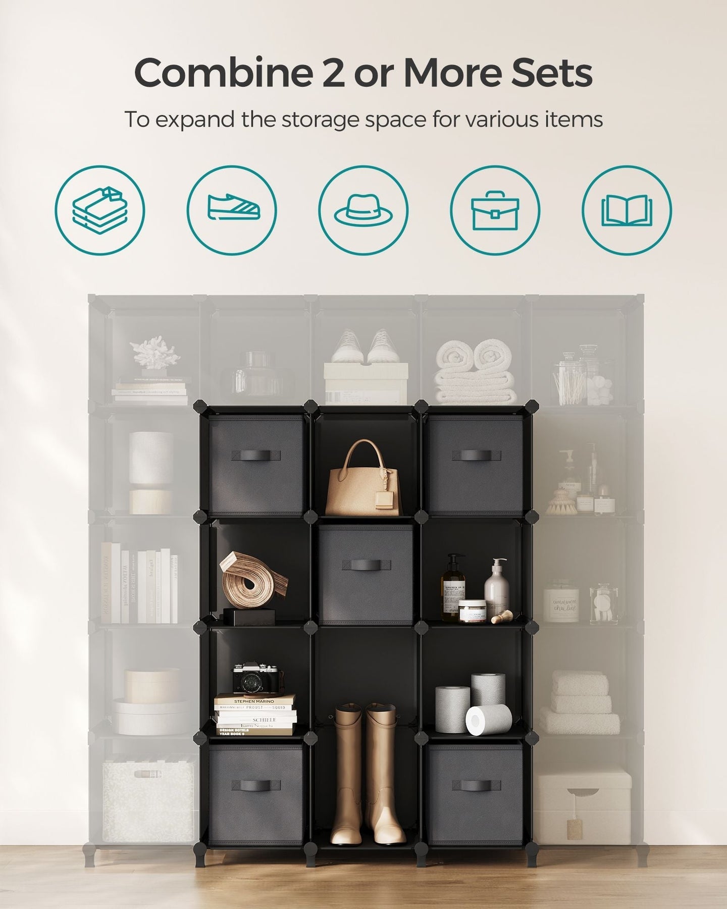 Cube Storage Organiser - Non-Woven Fabric - Ink Black and Dove Grey - Customisable Design with 16 Storage Boxes