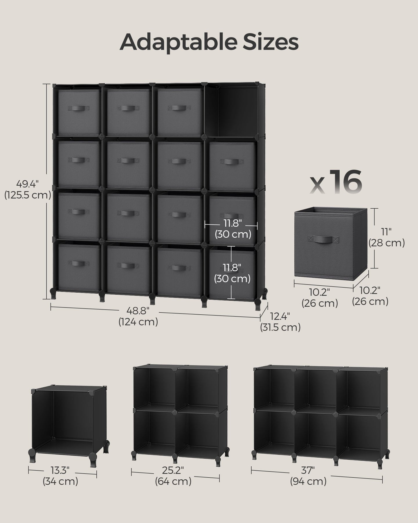 Cube Storage Organiser - Non-Woven Fabric - Ink Black and Dove Grey - Customisable Design with 16 Storage Boxes